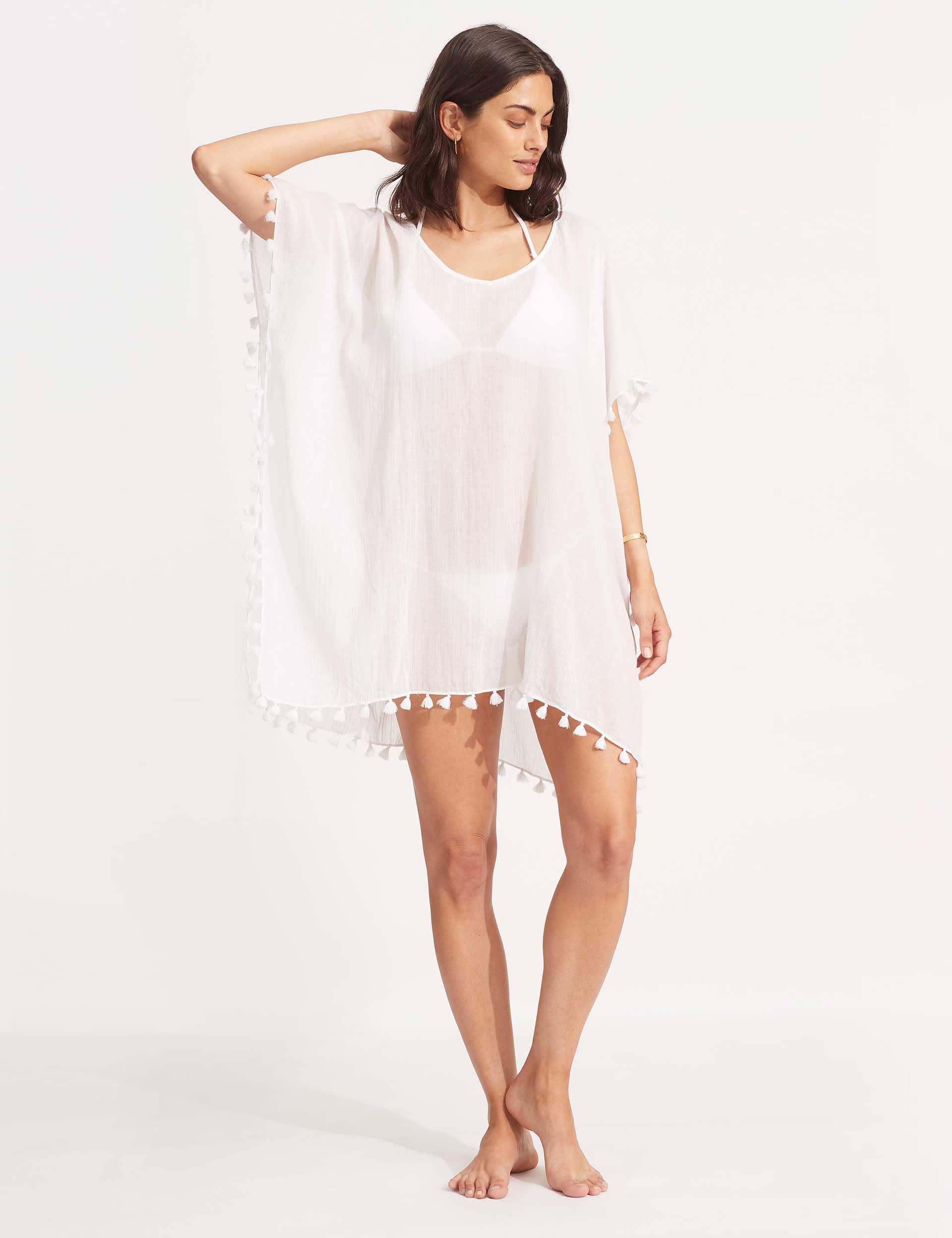 Seafolly Women's Amnesia Pure Cotton Tassel Beach Cover Up Kaftan - White, White,Black