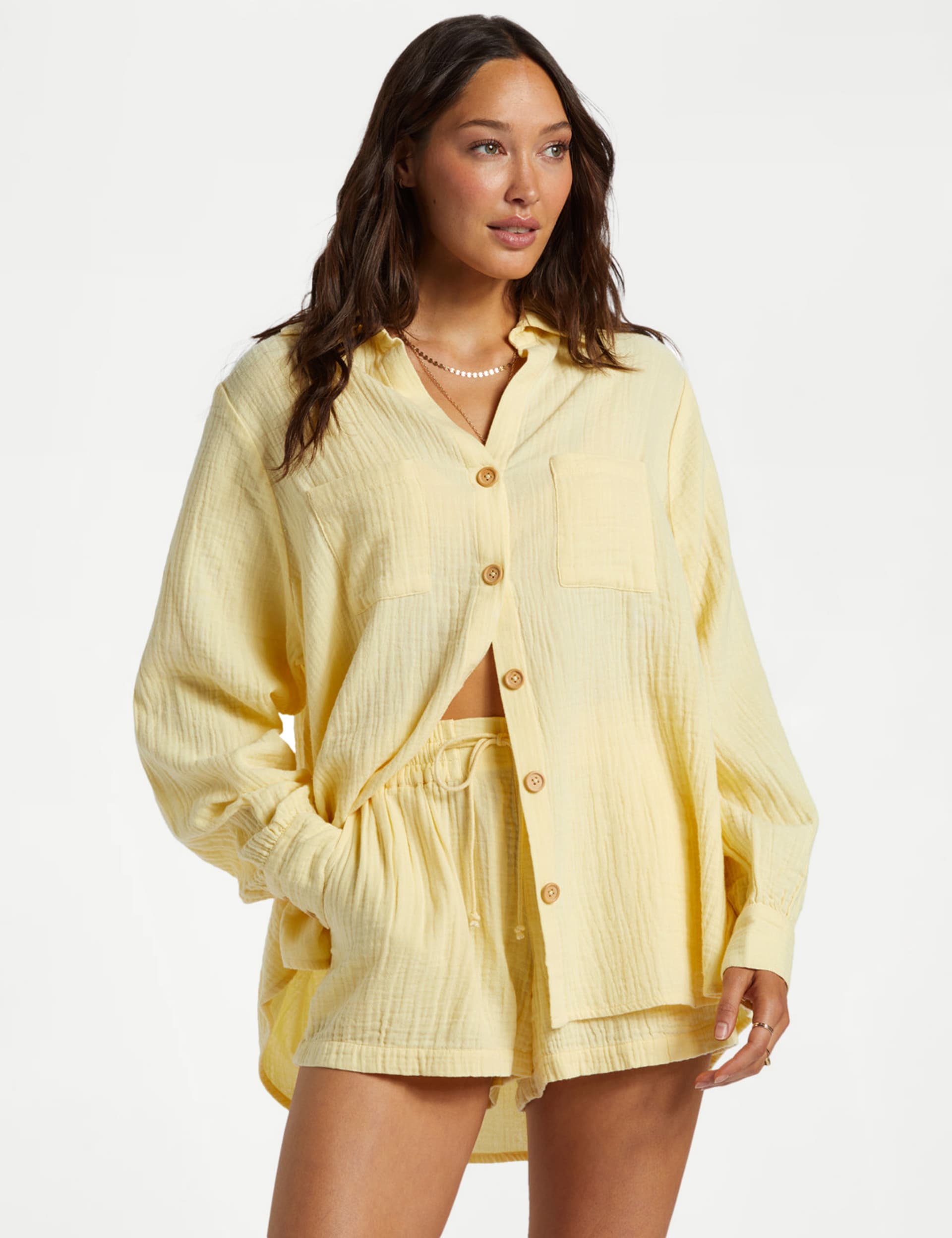 Billabong Women's Swell Pure Cotton Beach Cover Up Shirt - M - Yellow, Yellow