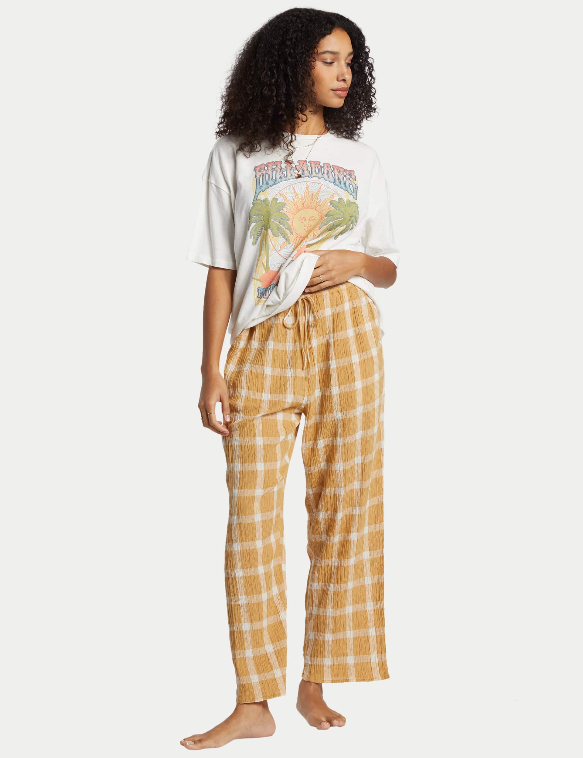 Billabong Women's Cotton Rich Checked Relaxed Beach Trousers - M - Yellow Mix, Yellow Mix