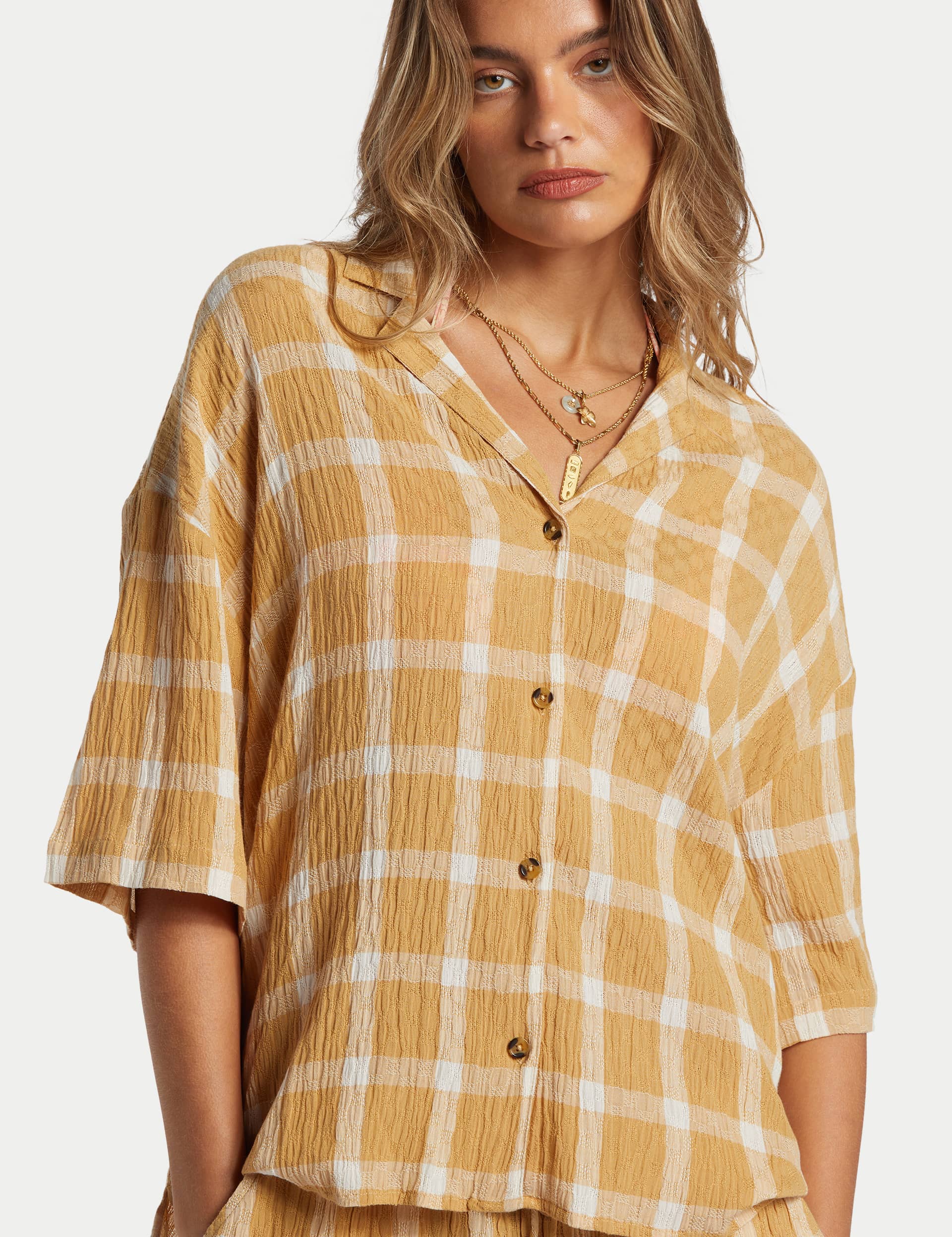 Billabong Women's Beach Side Cotton Rich Checked Shirt - M - Yellow Mix, Yellow Mix