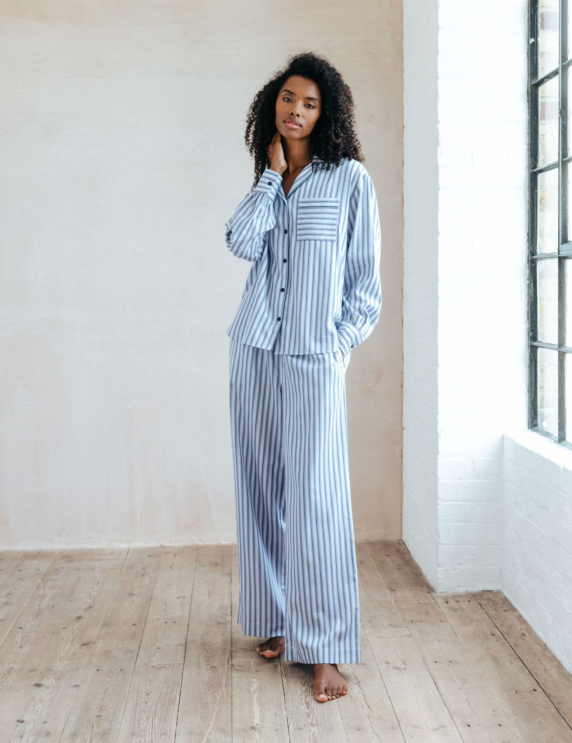 Chelsea Peers Women's Pure Cotton Striped Pyjama Set - 14 - Navy, Navy