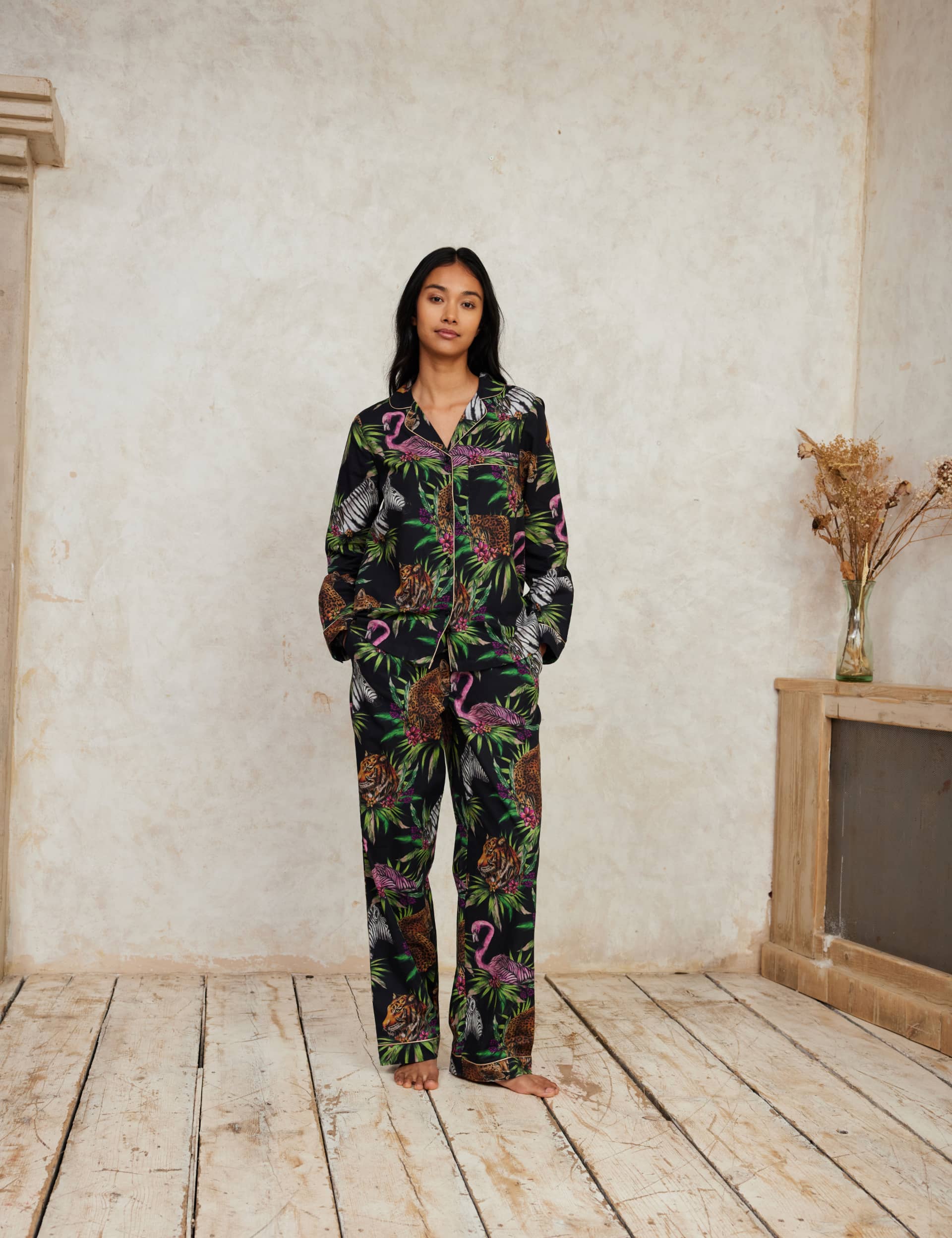 Chelsea Peers Women's Pure Cotton Jungle Print Pyjama Set - 16 - Black Mix, Black Mix