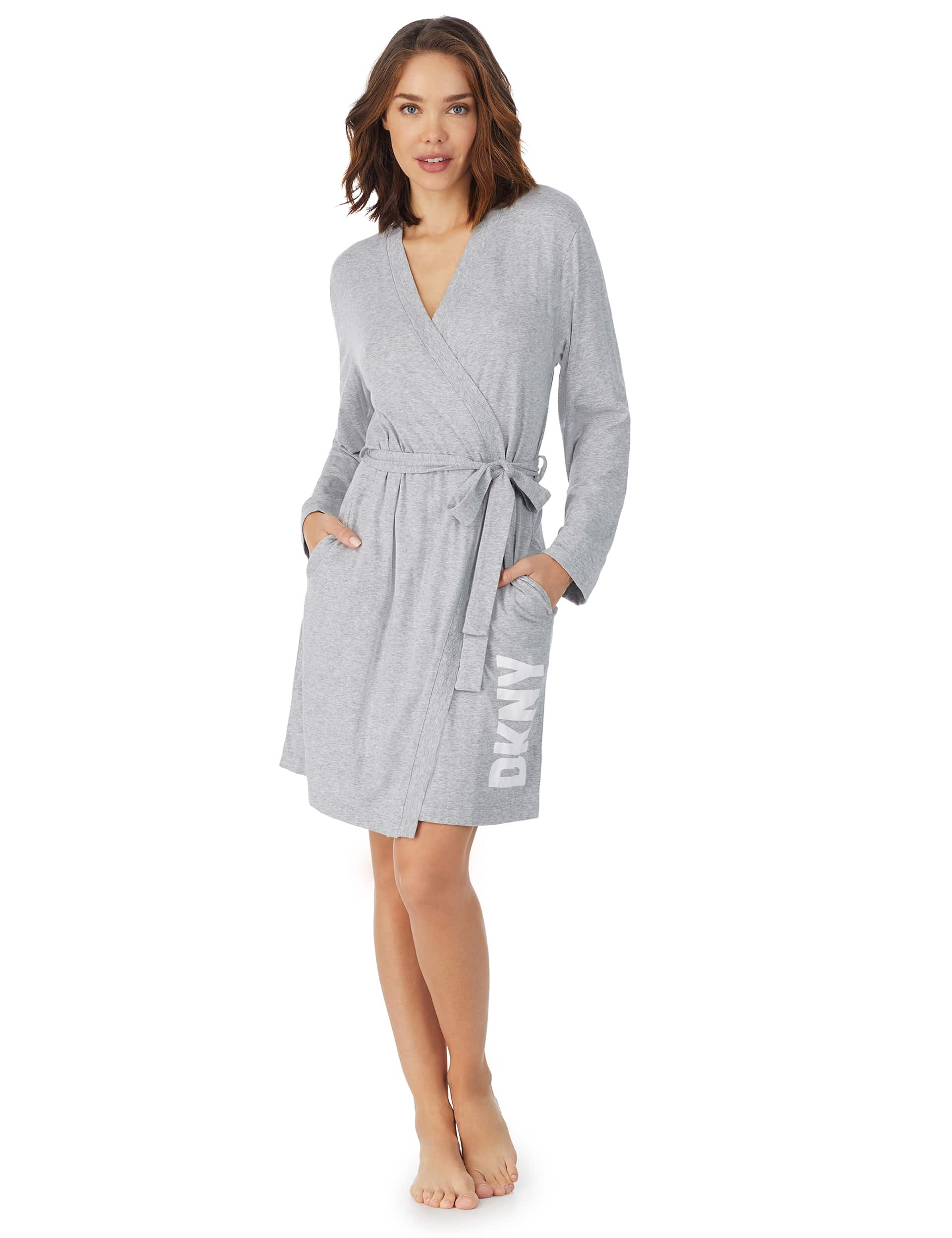 Dkny Women's Jersey Logo Print Short Robe - M - Grey Mix, Grey Mix,Black Mix