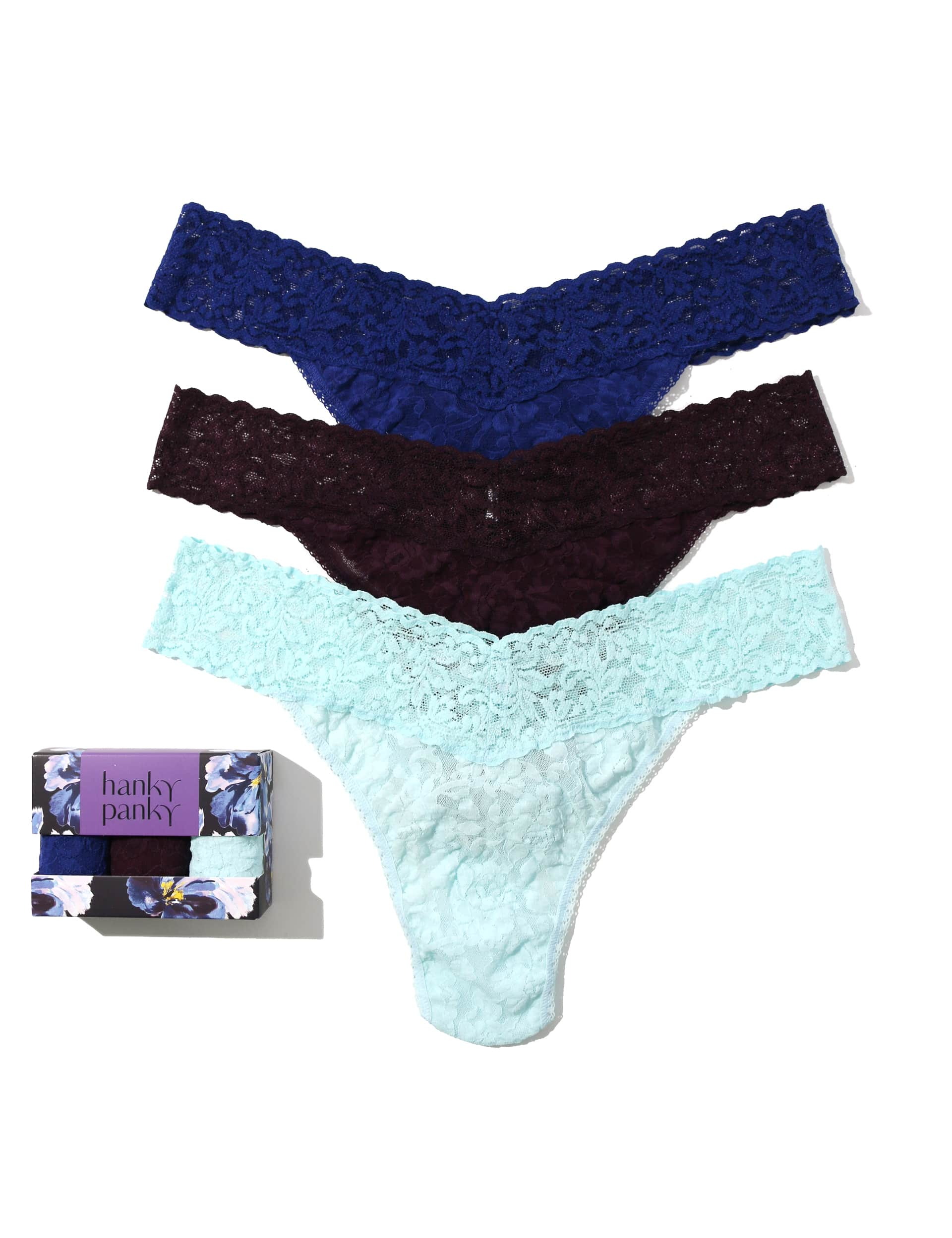 Hanky Panky Women's 3pk Original Rise Signature Lace Thongs - Purple Mix, Purple Mix