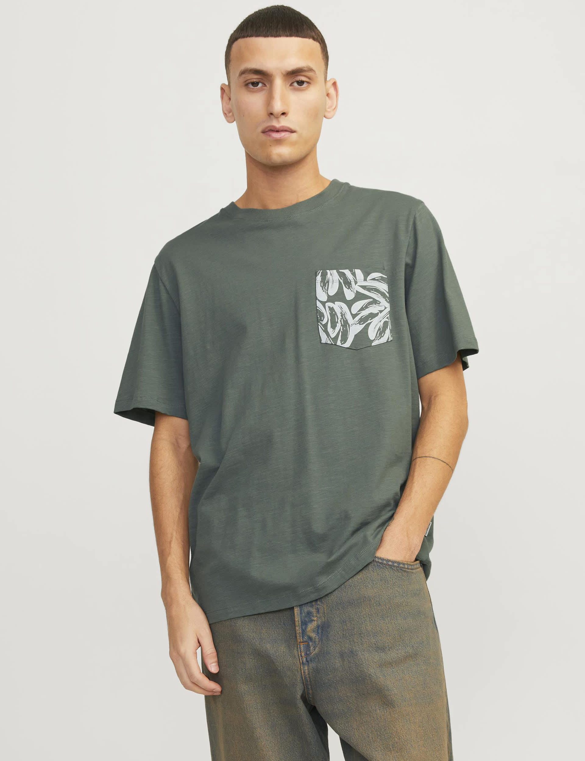 Jack & Jones Men's Pure Cotton Crew Neck T-Shirt - L - Green Mix, Green Mix