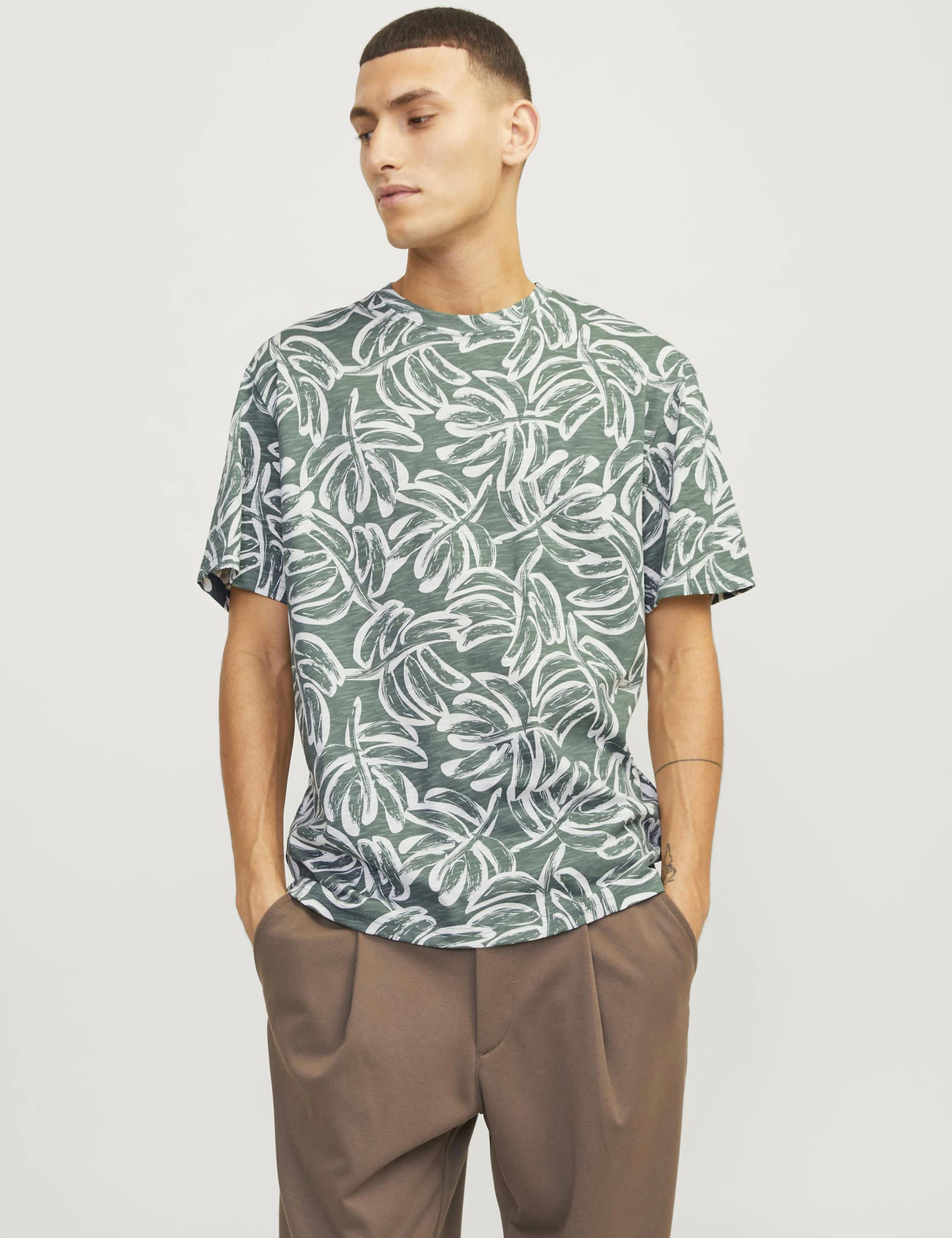 Jack & Jones Men's Pure Cotton Leaf Print T-Shirt - Green Mix, Green Mix