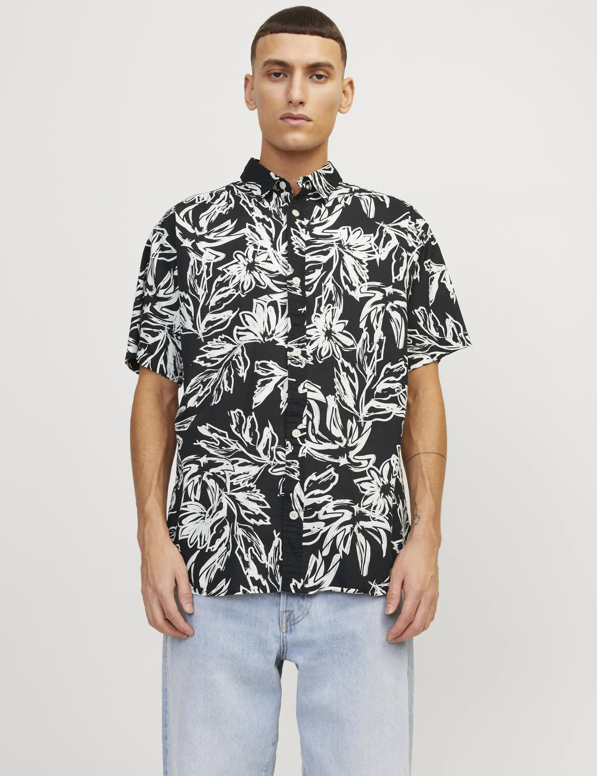 Jack & Jones Men's Pure Cotton Print Shirt - M - Black Mix, Black Mix,Green Mix