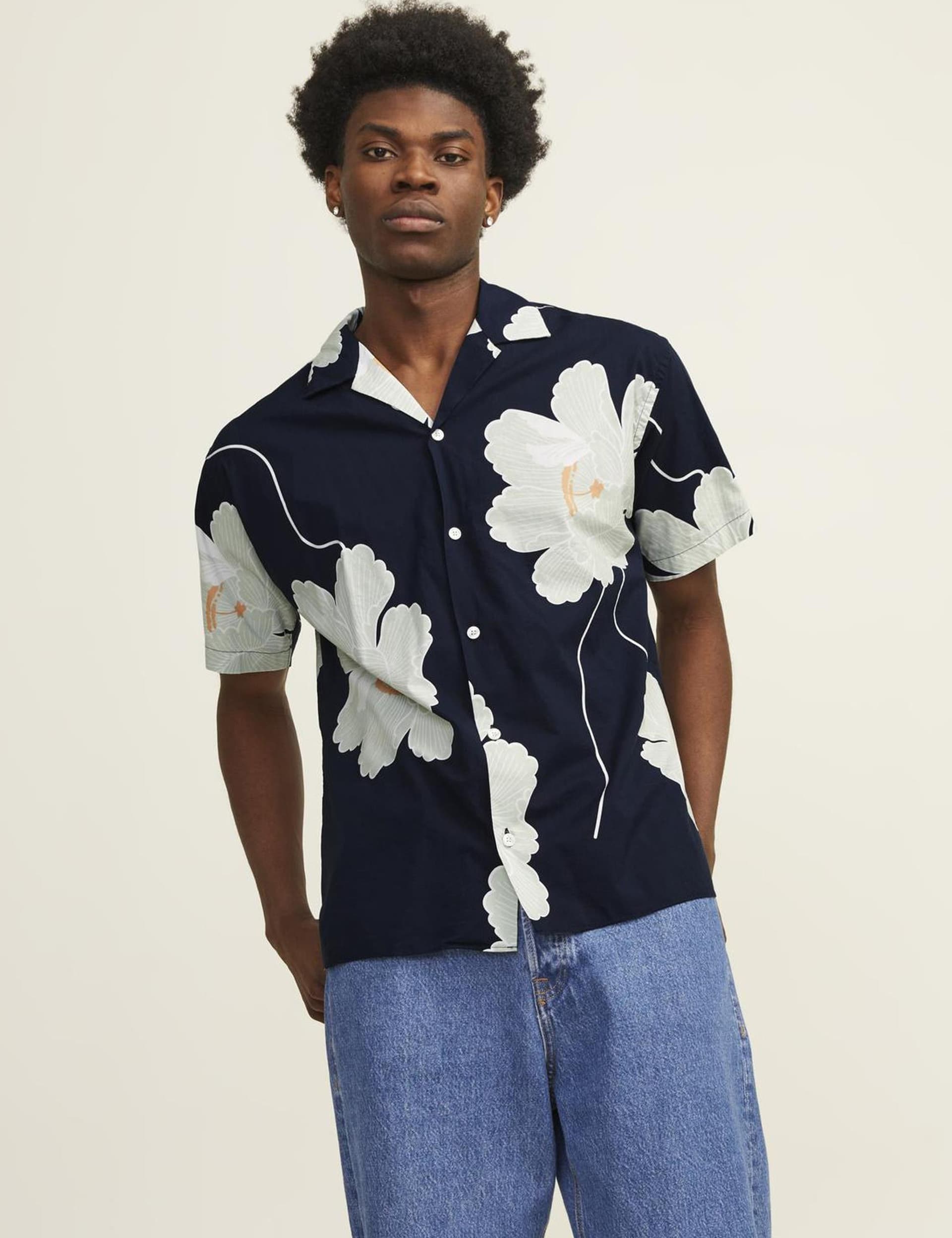 Jack & Jones Men's Cotton Blend Floral Shirt - Navy Mix, Navy Mix,White Mix