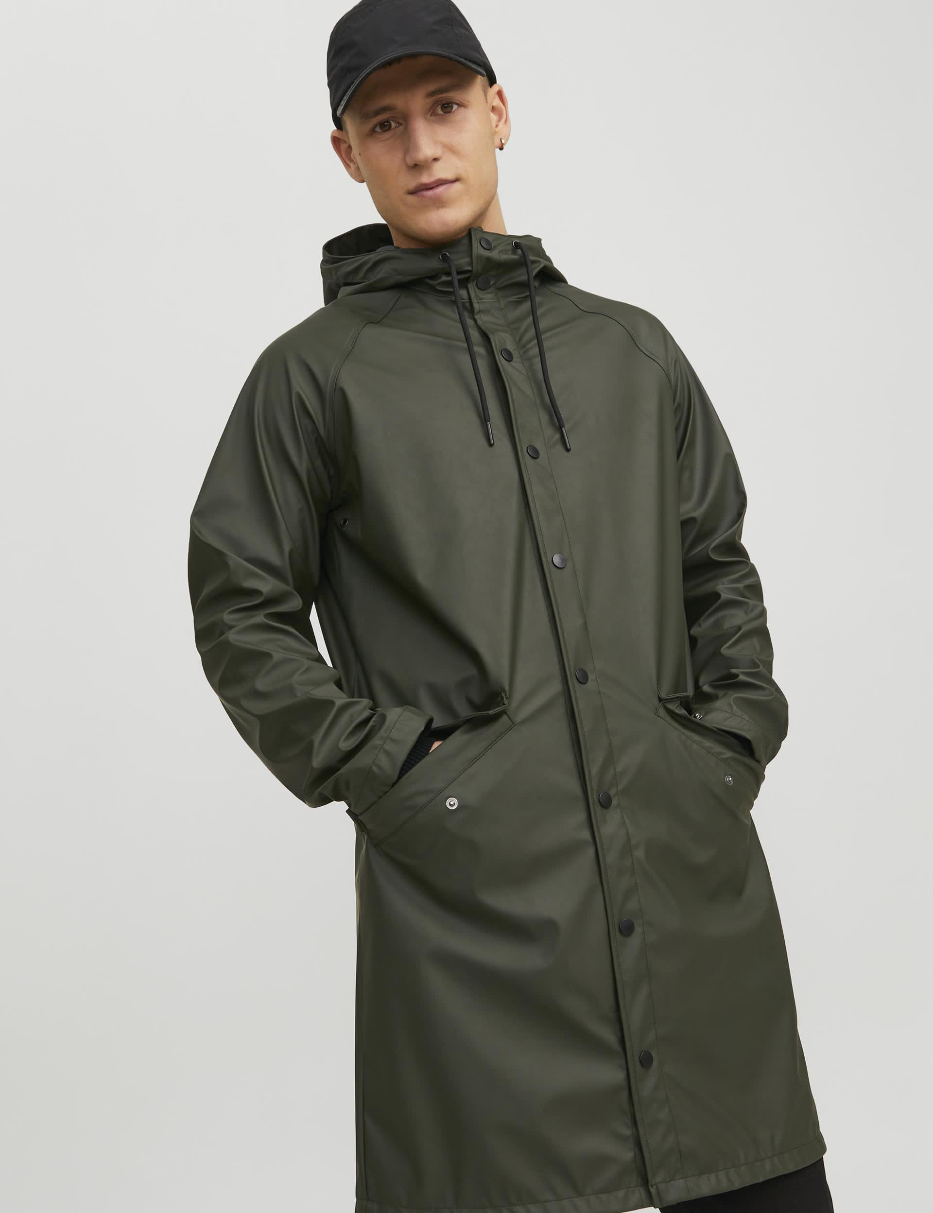 Jack & Jones Men's Hooded Waterproof Coat - L - Khaki, Khaki,Black