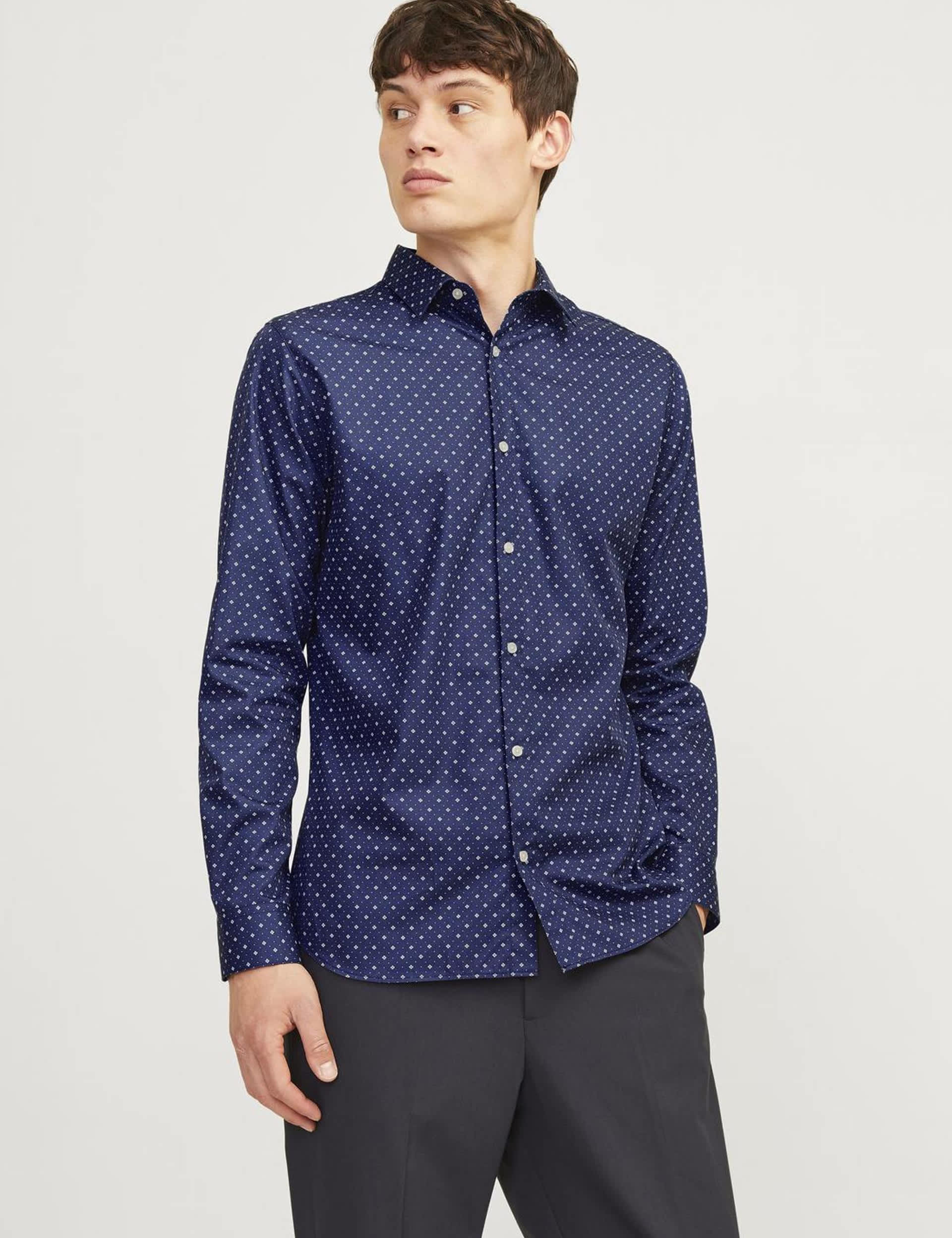 Jack & Jones Men's Slim Fit Cotton Rich Geometric Print Shirt - Blue Mix, Blue Mix