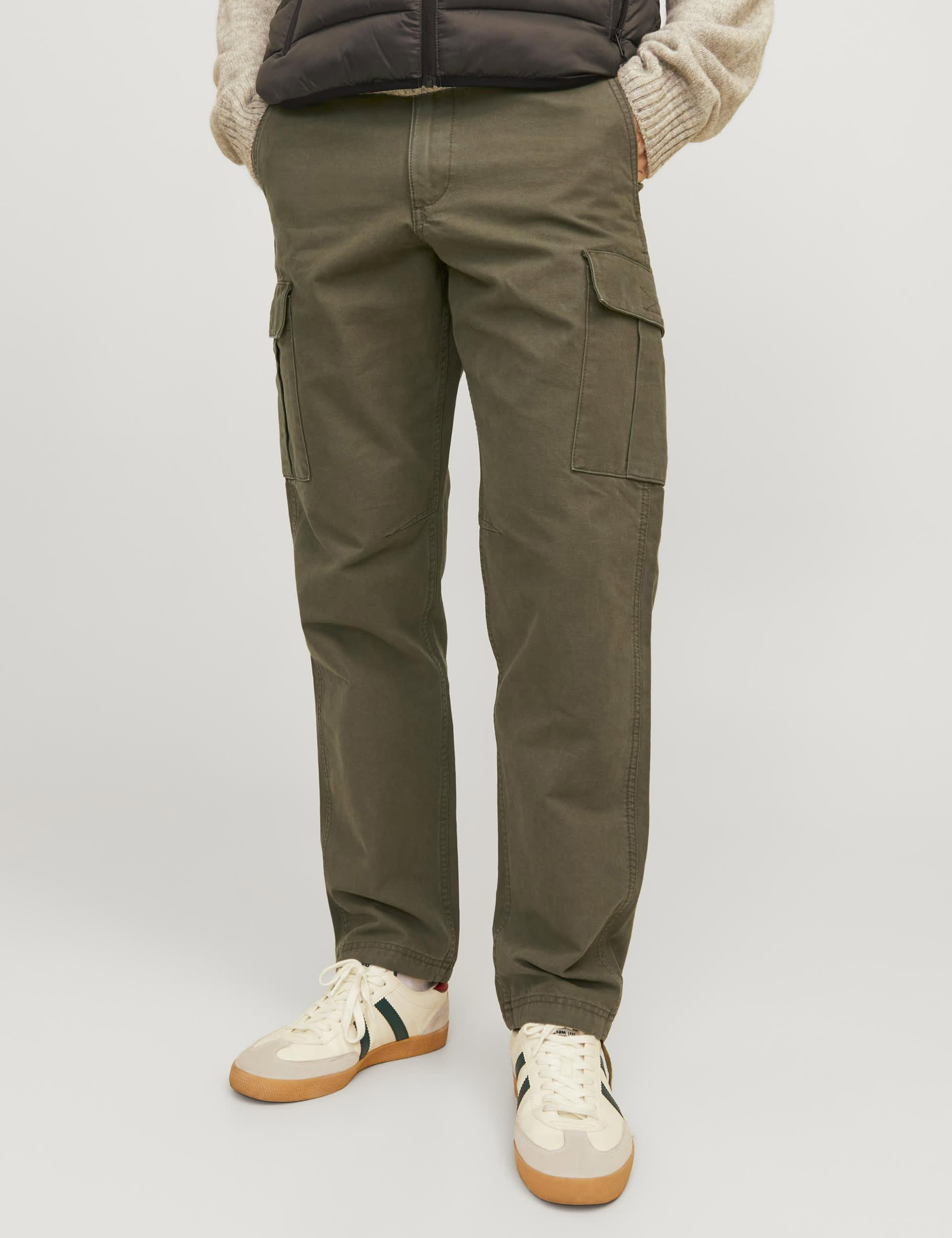 Jack & Jones Men's Regular Fit Pure Cotton Cargo Trousers - 3234 - Khaki, Khaki,Black,Tan