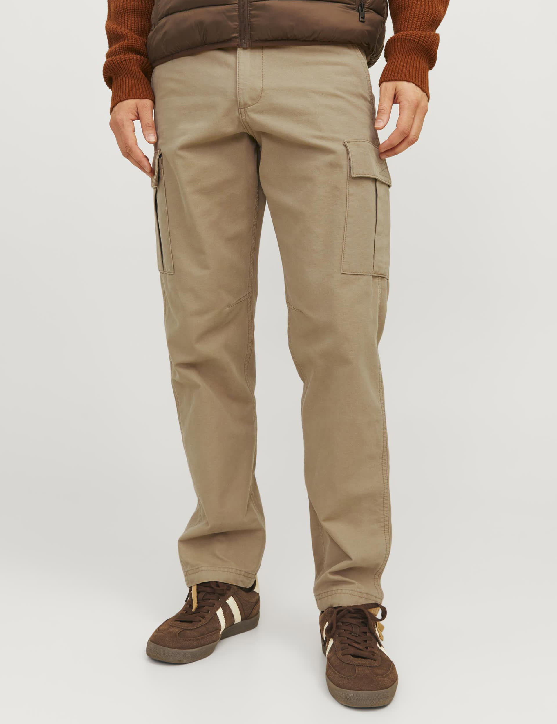 Jack & Jones Men's Regular Fit Pure Cotton Cargo Trousers - 3234 - Tan, Tan