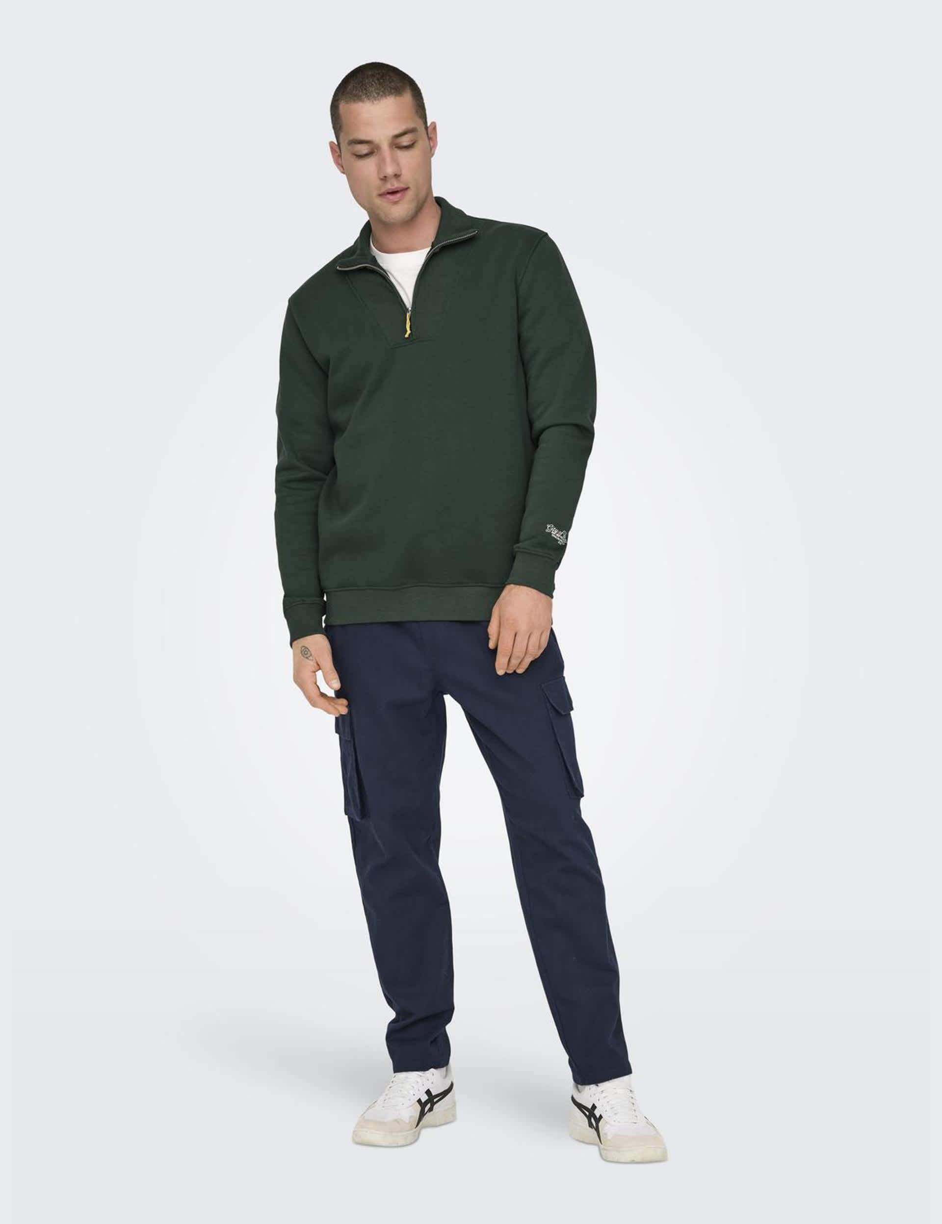 Only & Sons Men's Cotton Rich Half Zip Funnel Neck Sweatshirt - M - Dark Green, Dark Green,White