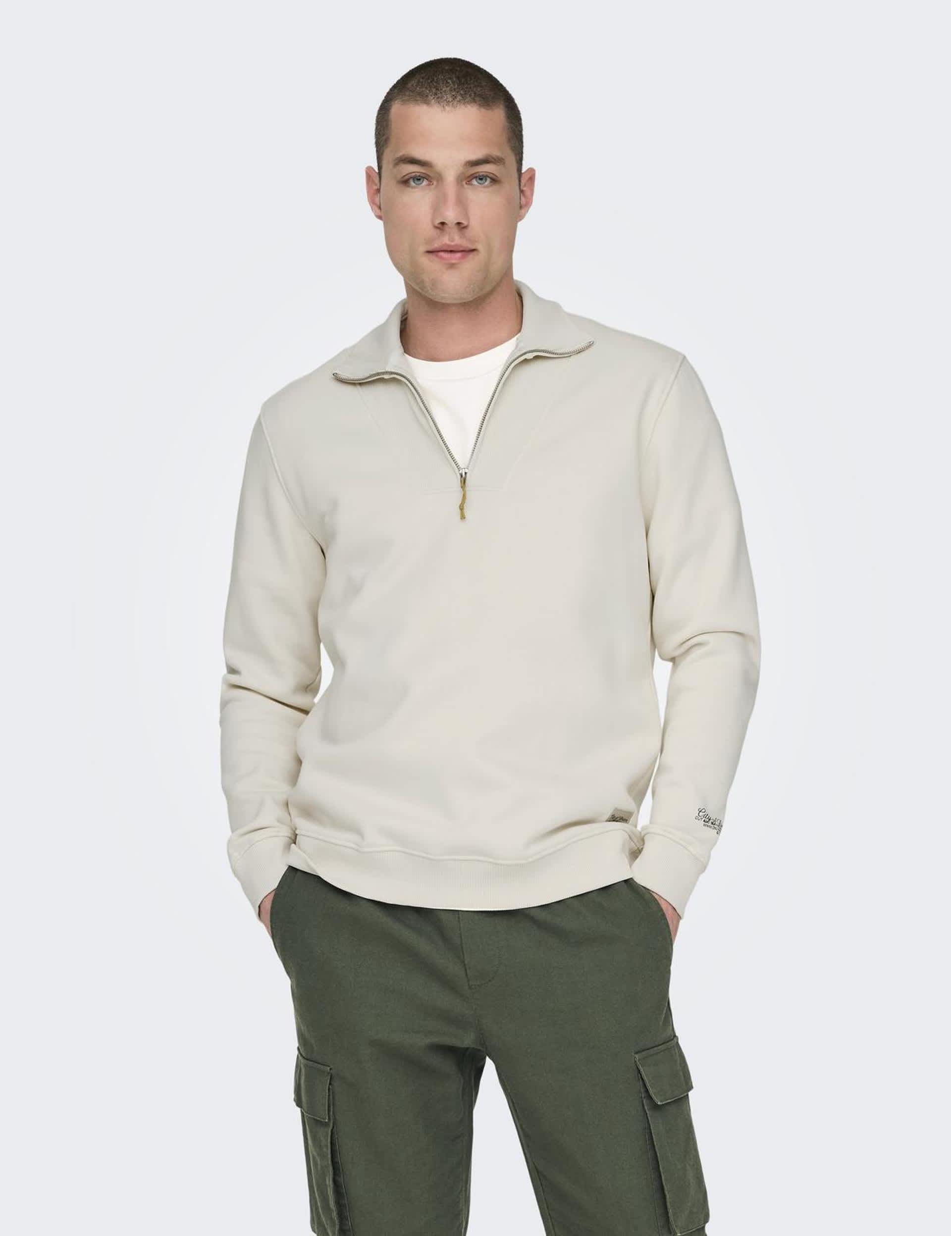 Only & Sons Men's Cotton Rich Half Zip Funnel Neck Sweatshirt - M - White, Dark Green,White