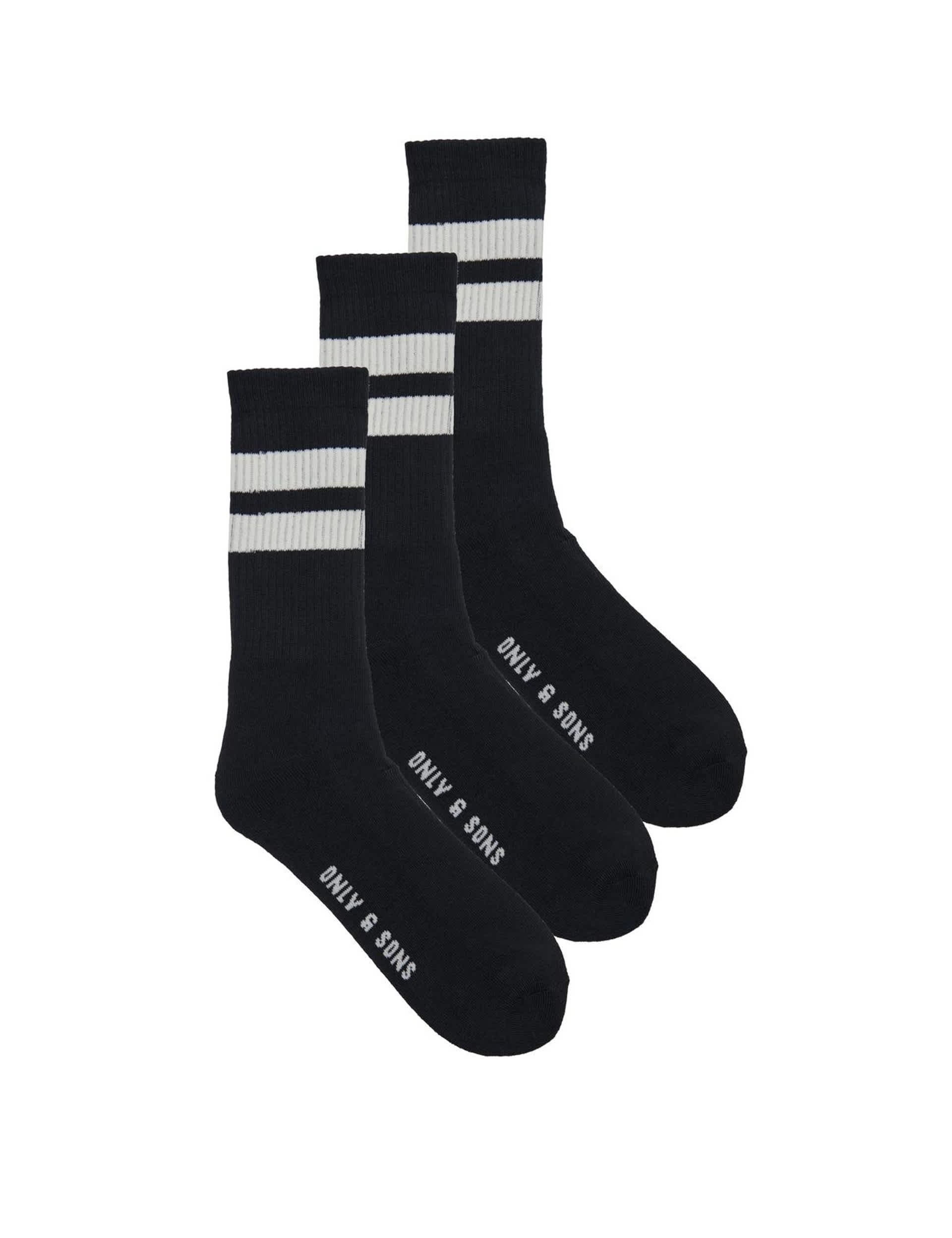 Only & Sons Men's 3pk Striped Cotton Rich Sports Socks - Black, Black