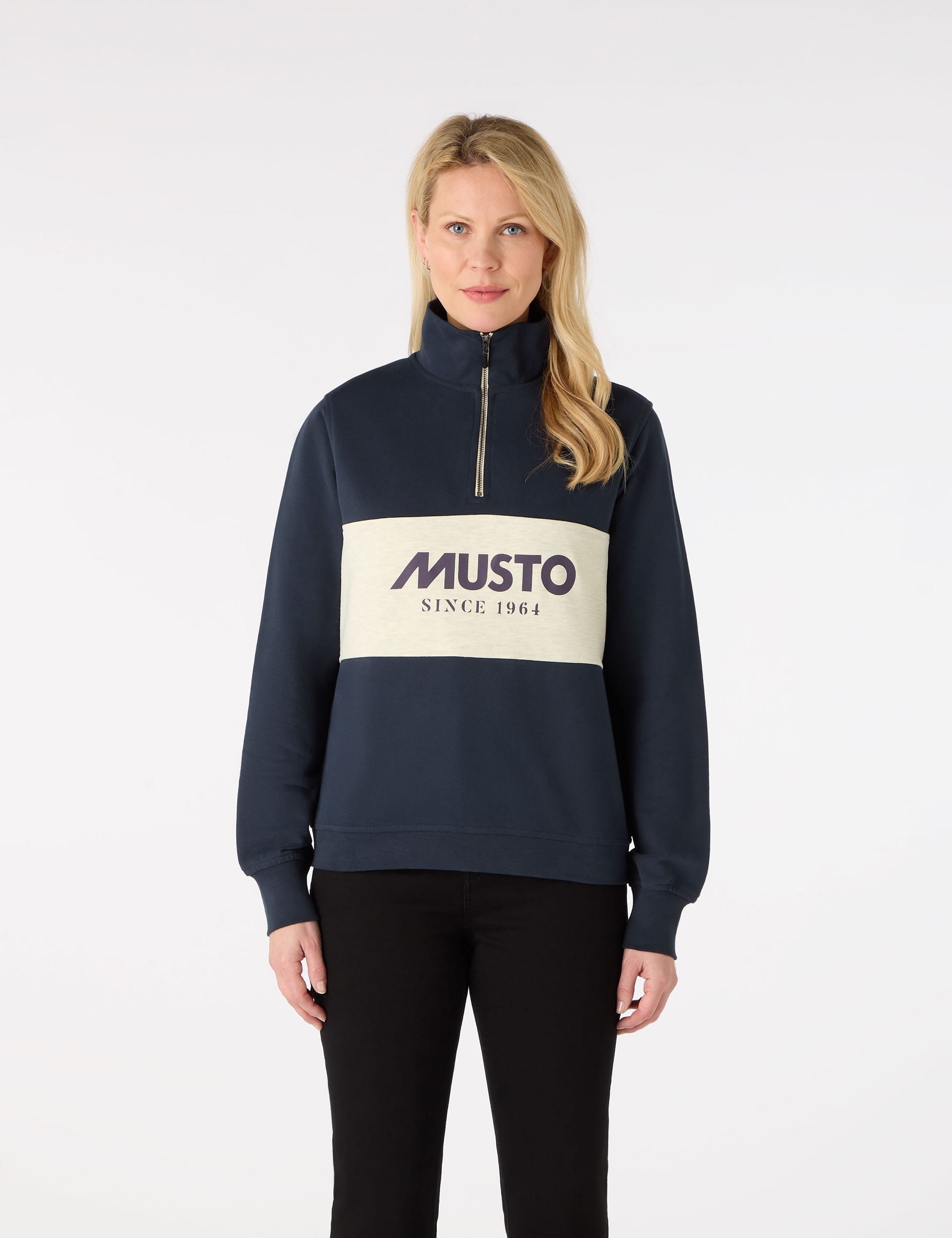 Musto Women's W Classic Pure Cotton Half Zip Sweatshirt - 14REG - Navy Mix, Cream Mix,Navy Mix