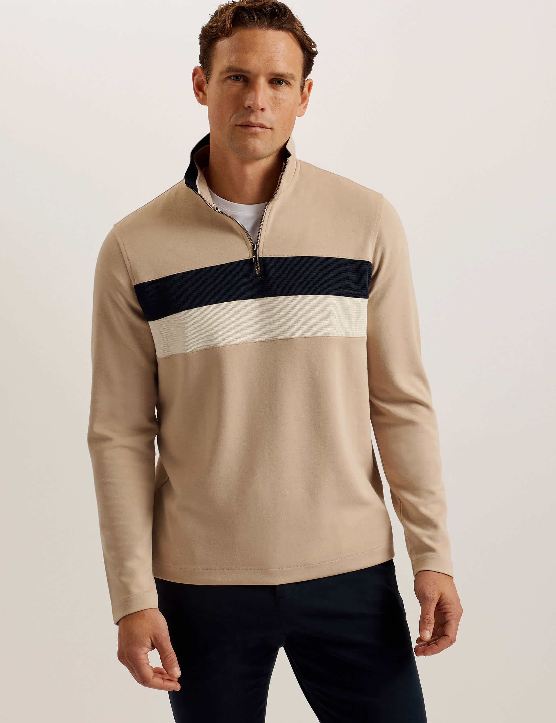 Ted Baker Men's Modal Blend Half Zip Funnel Neck Sweatshirt - XXL - Stone, Stone