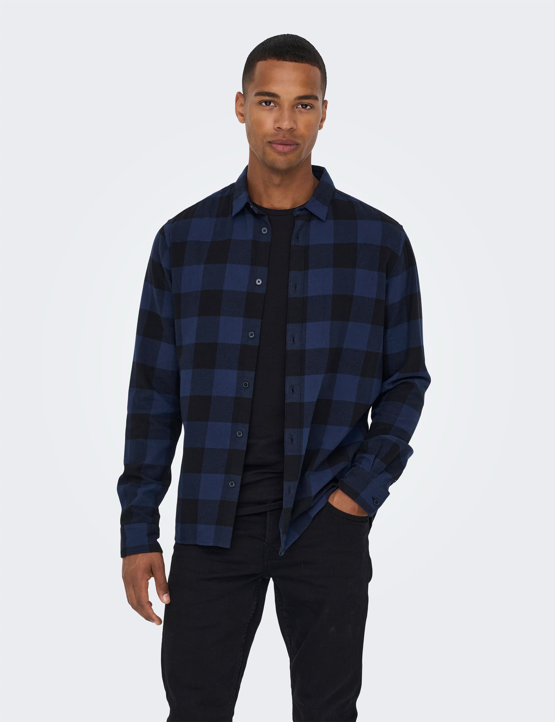 Only & Sons Men's Pure Cotton Check Flannel Shirt - M - Blue Mix, Navy,Beige Mix,Blue Mix,Green Mix