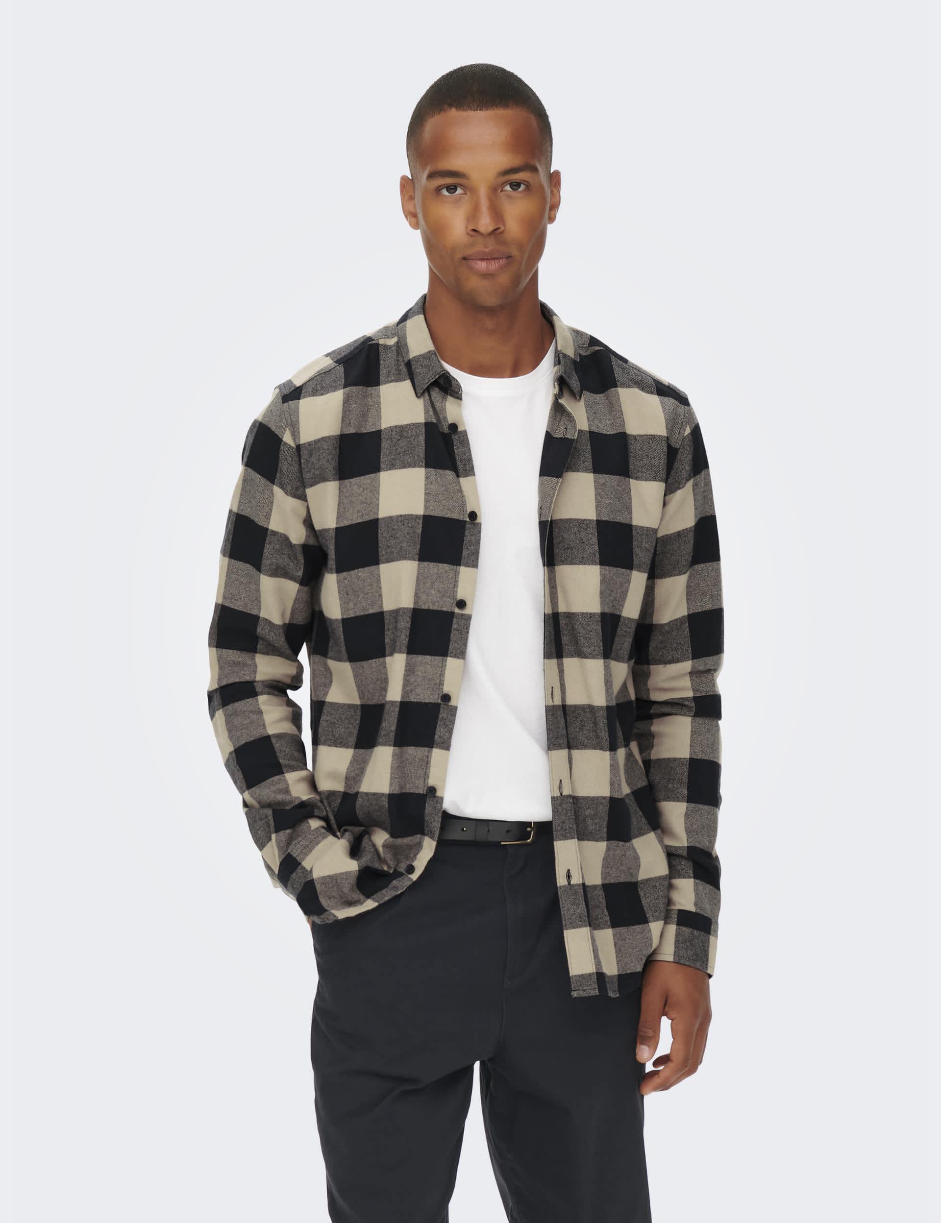 Only & Sons Men's Pure Cotton Check Flannel Shirt - XL - Navy, Navy,Beige Mix,Blue Mix,Green Mix