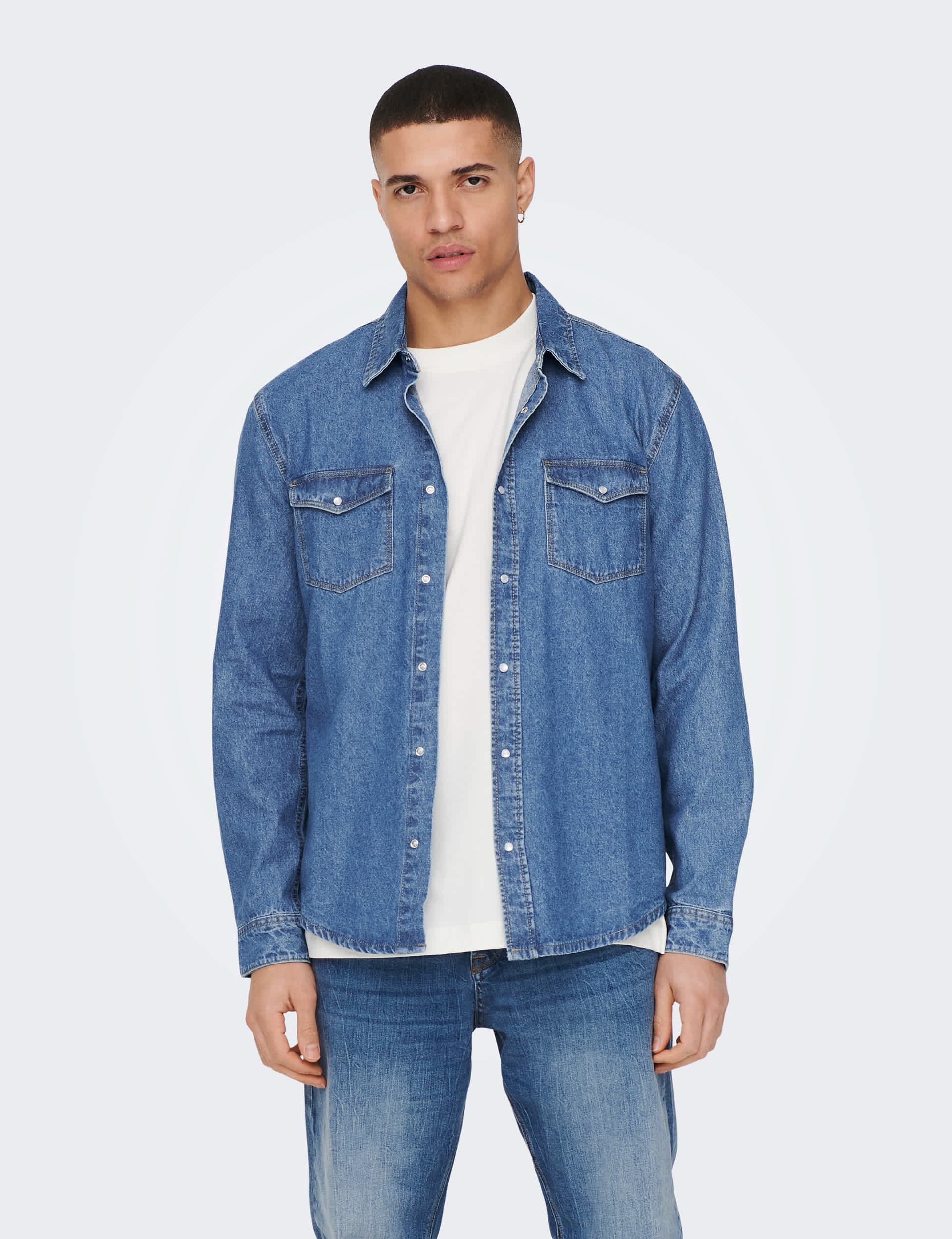 Only & Sons Men's Denim Shirt - Blue Denim, Blue Denim,Dark Grey