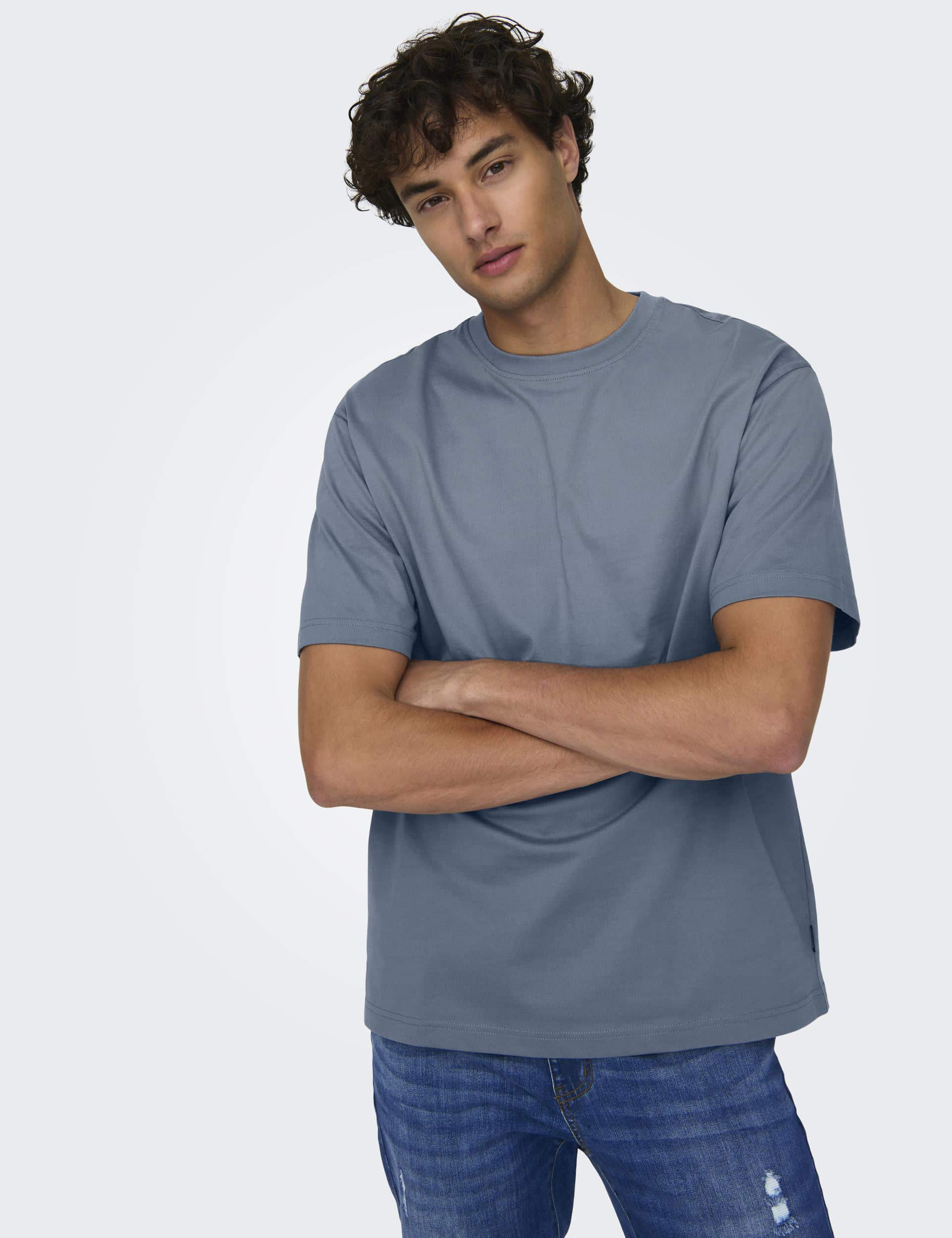 Only & Sons Men's Cotton Crew Neck T-Shirt - L - Blue, Black,Blue,Green