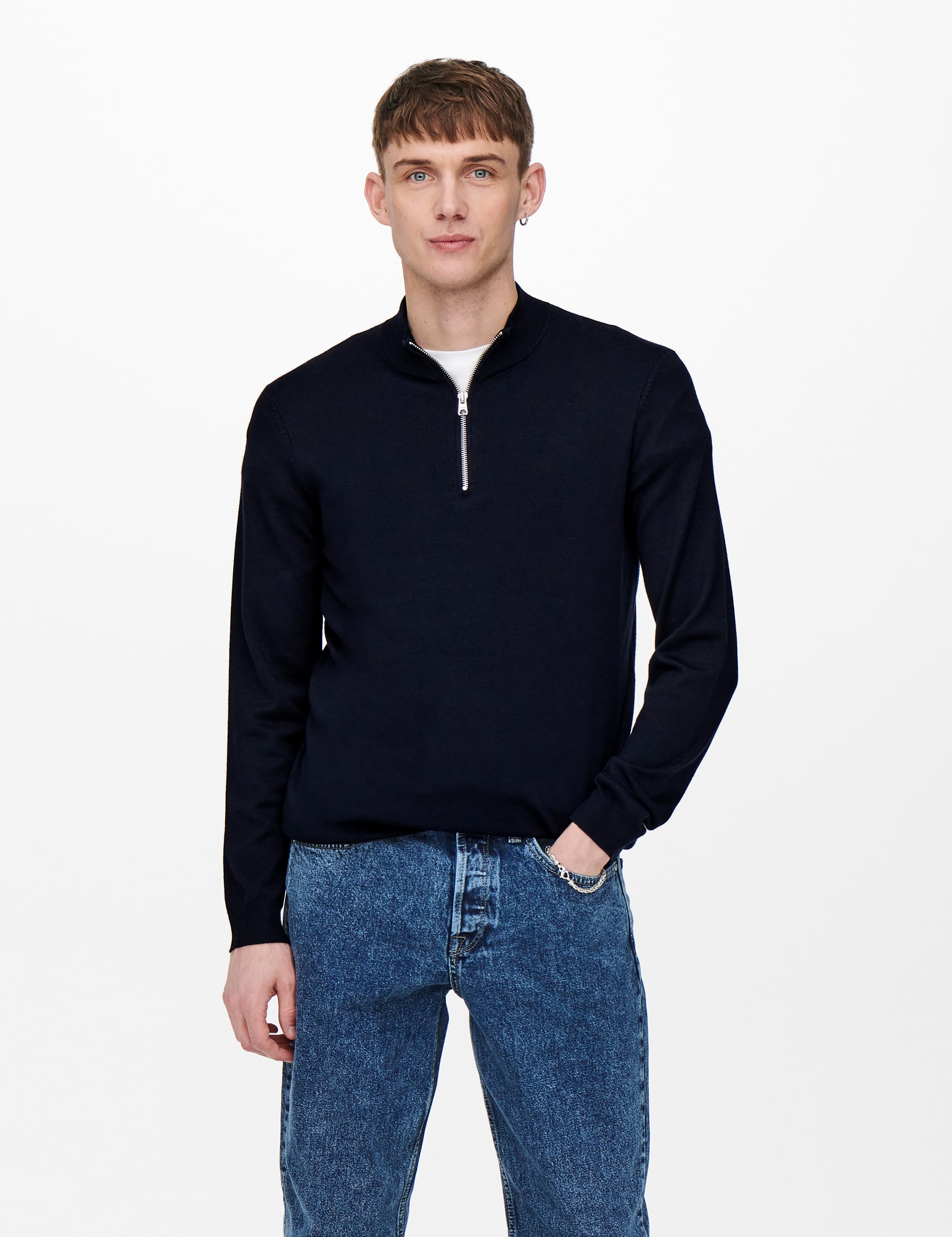 Only & Sons Men's Half Zip Jumper - Dark Navy, Black,Dark Navy,Beige