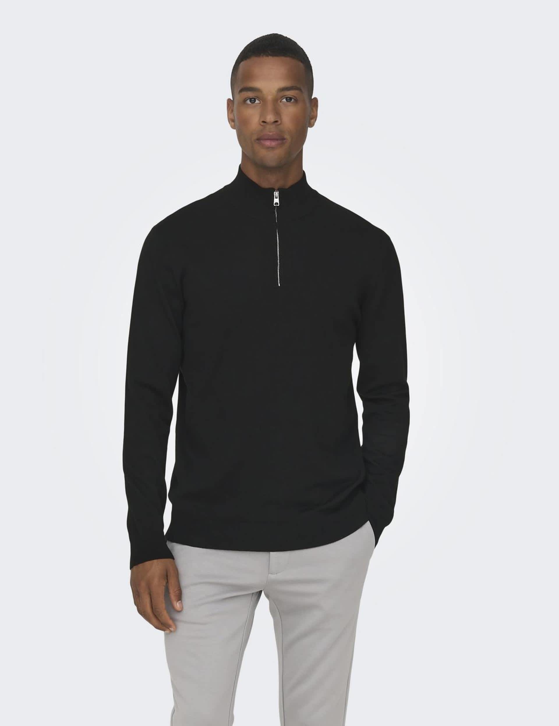 Only & Sons Men's Half Zip Jumper - XL - Black, Black,Beige