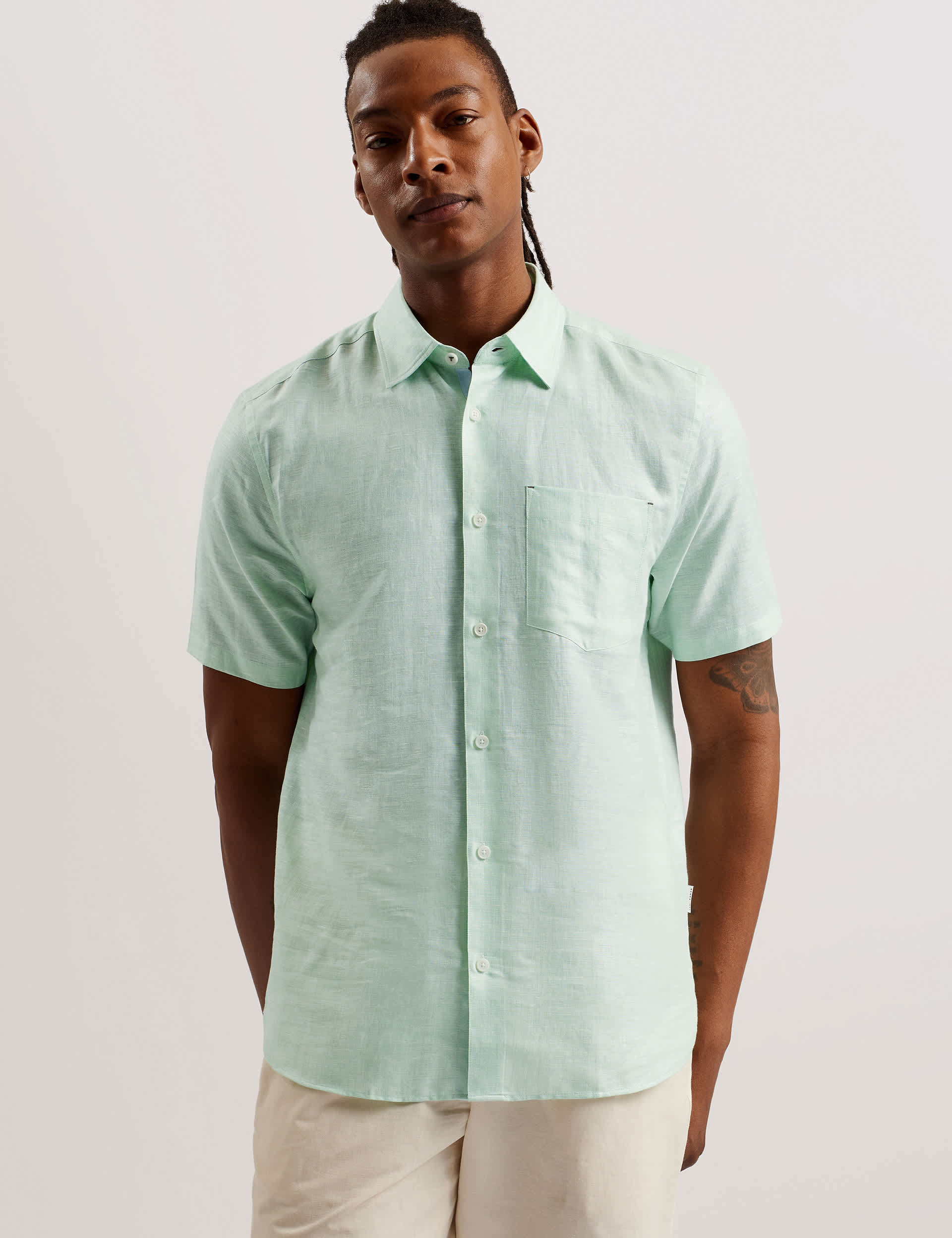 Ted Baker Men's Linen Rich Shirt - M - Green, Green,Blue