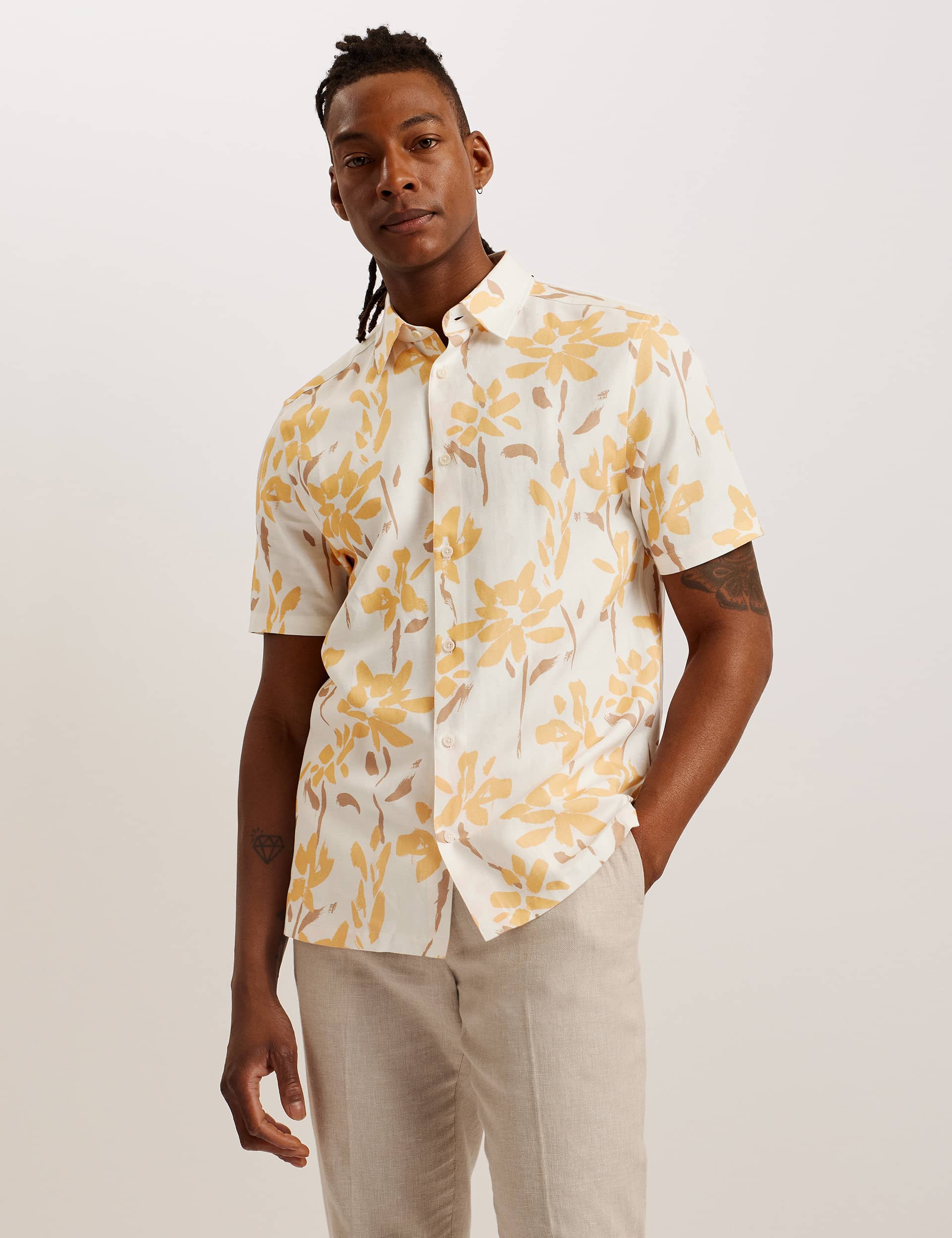 Ted Baker Men's Abstract Floral Shirt with Linen - XXL - Yellow Mix, Yellow Mix