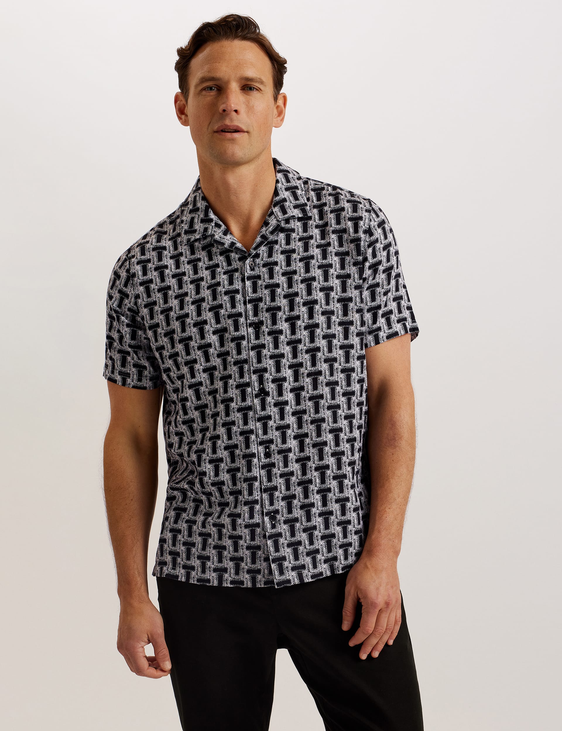 Ted Baker Men's Linen Blend Geometric Printed Shirt - Black Mix, Black Mix