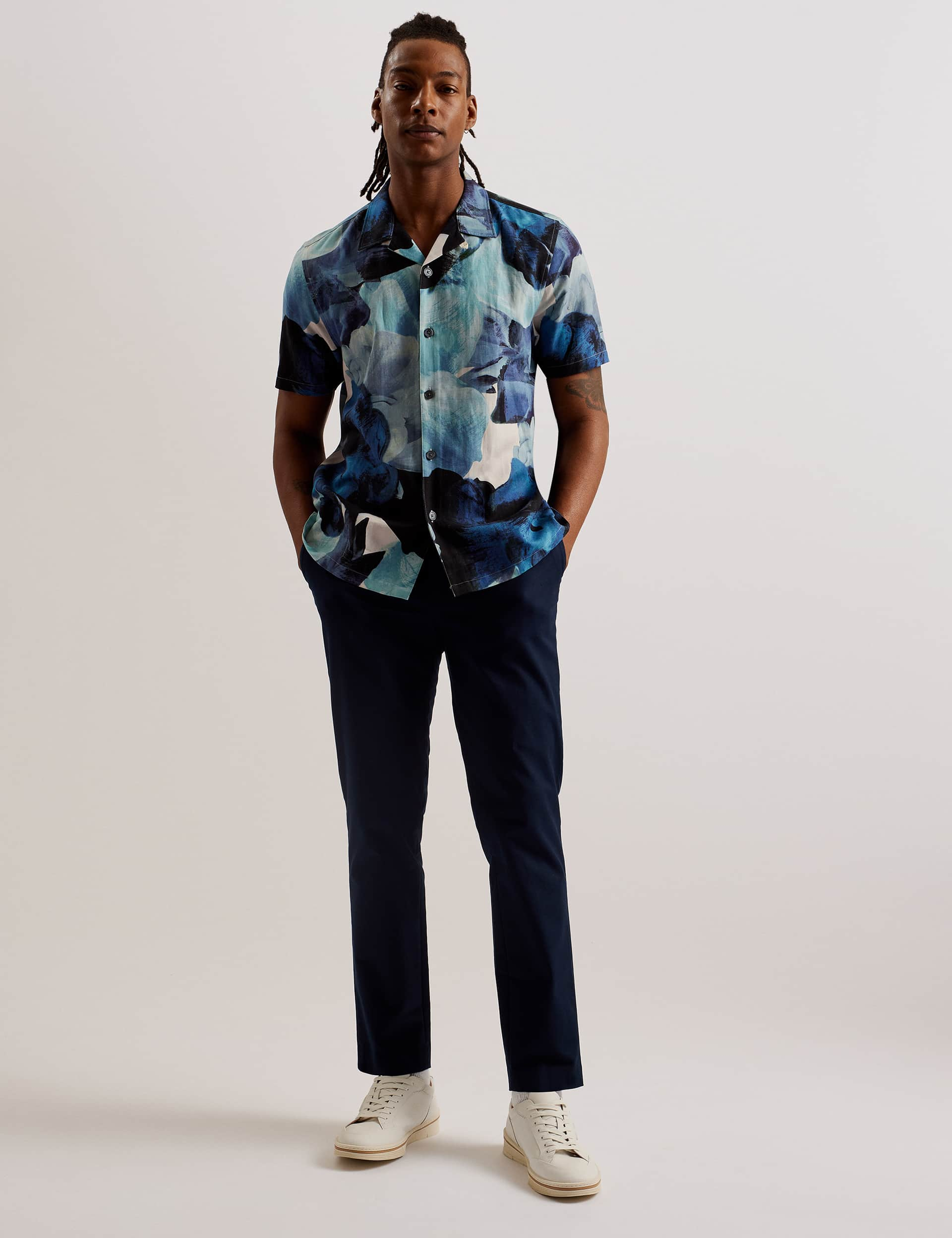 Ted Baker Men's Abstract Floral Shirt with Linen - Blue Mix, Blue Mix