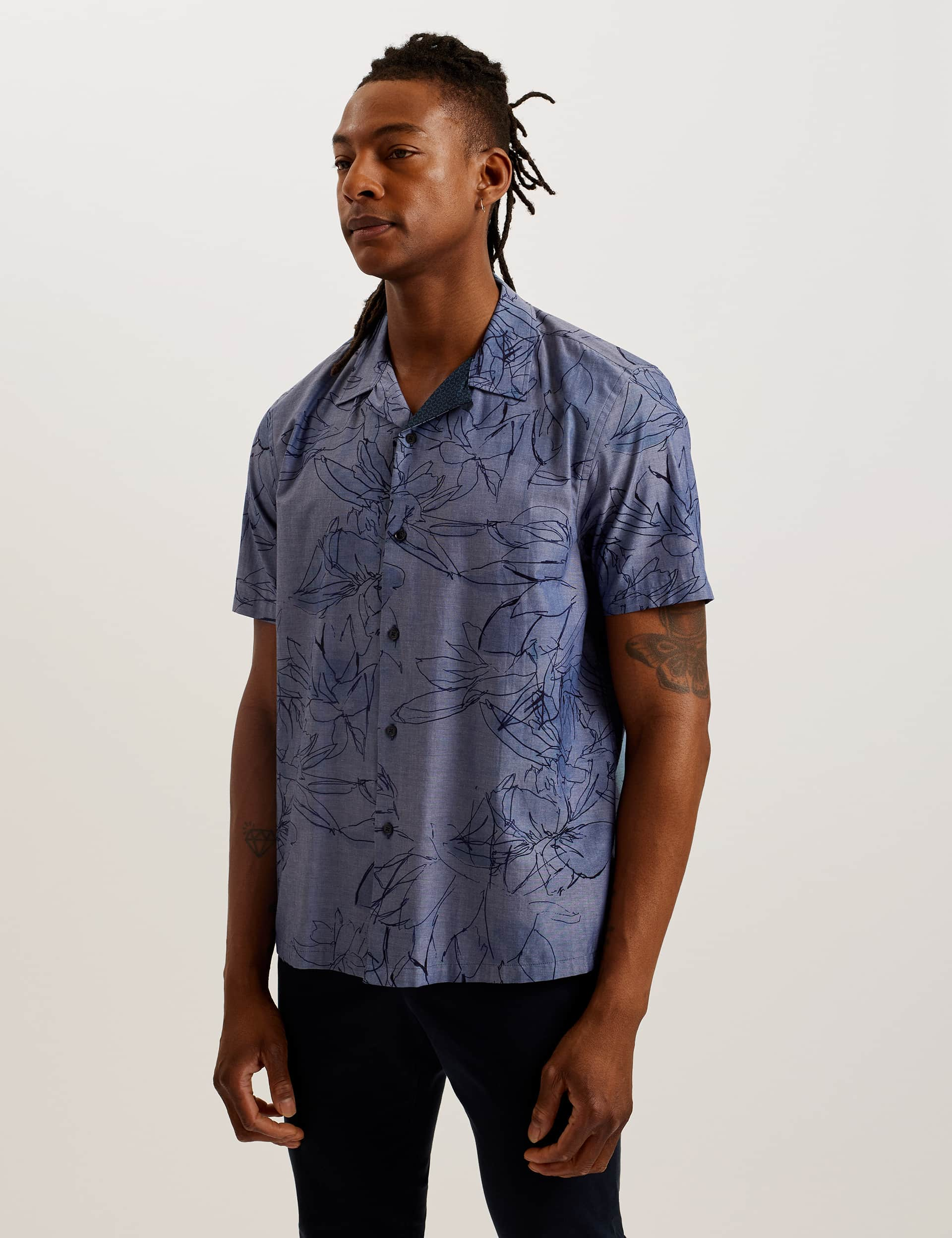 Ted Baker Men's Pure Cotton Chambray Floral Shirt - Navy Mix, Navy Mix