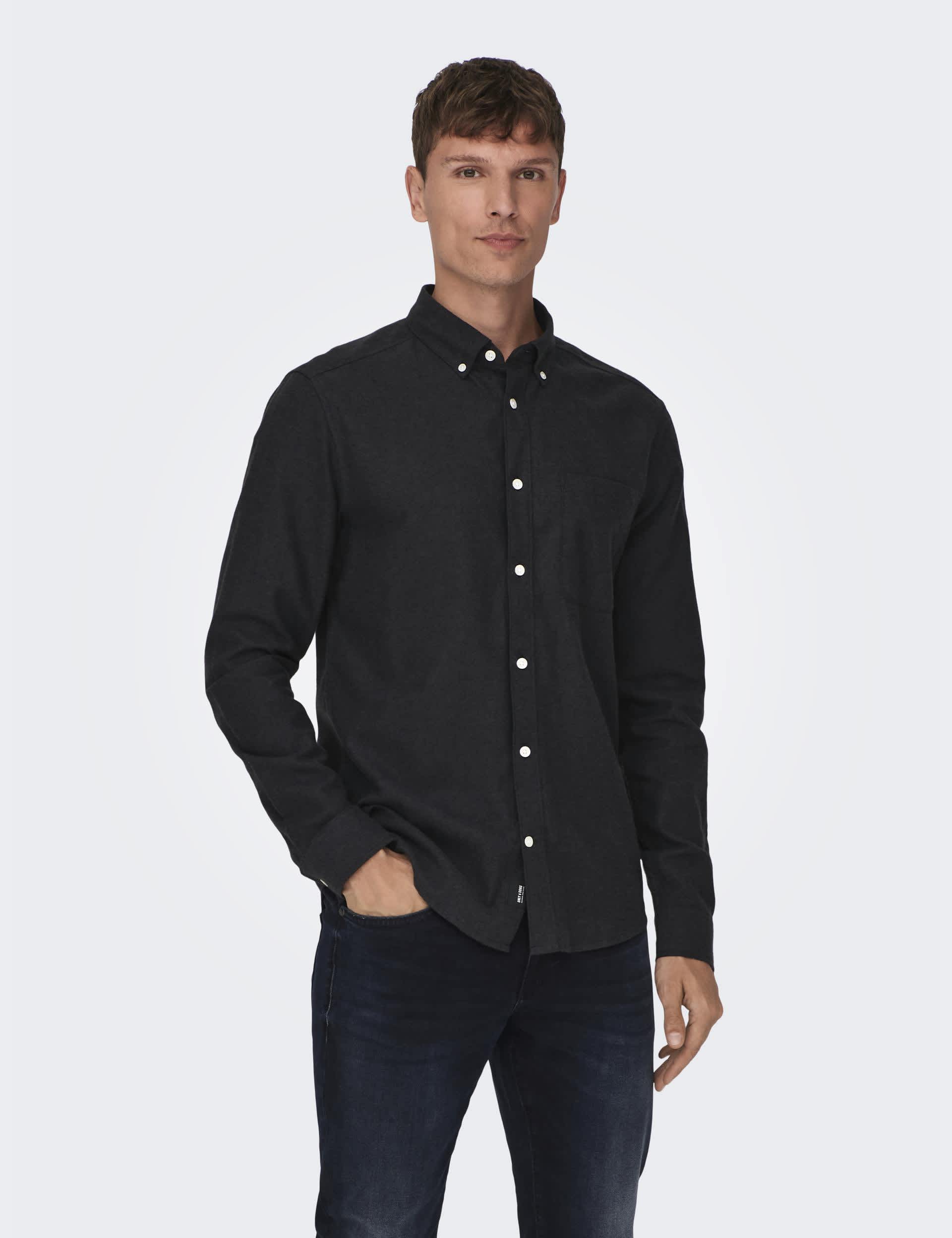 Only & Sons Men's Slim Fit Pure Cotton Flannel Shirt - Black, Black