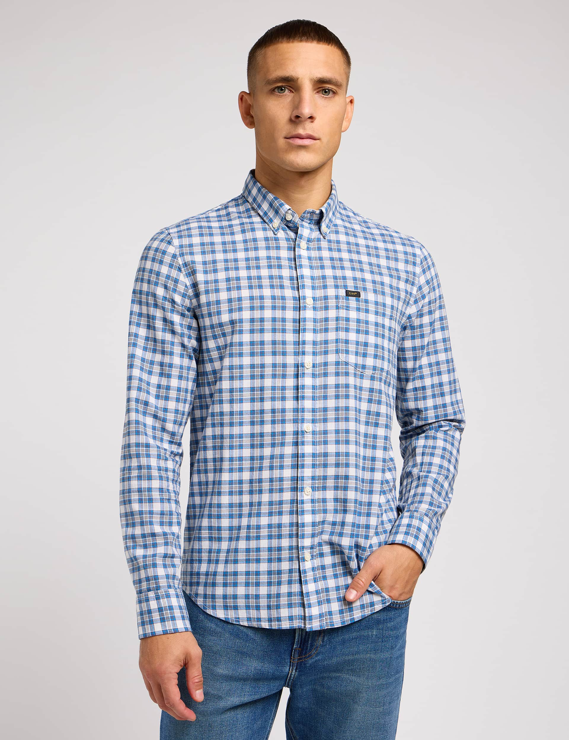 Lee Men's Pure Cotton Check Oxford Shirt - XL - Blue, Blue