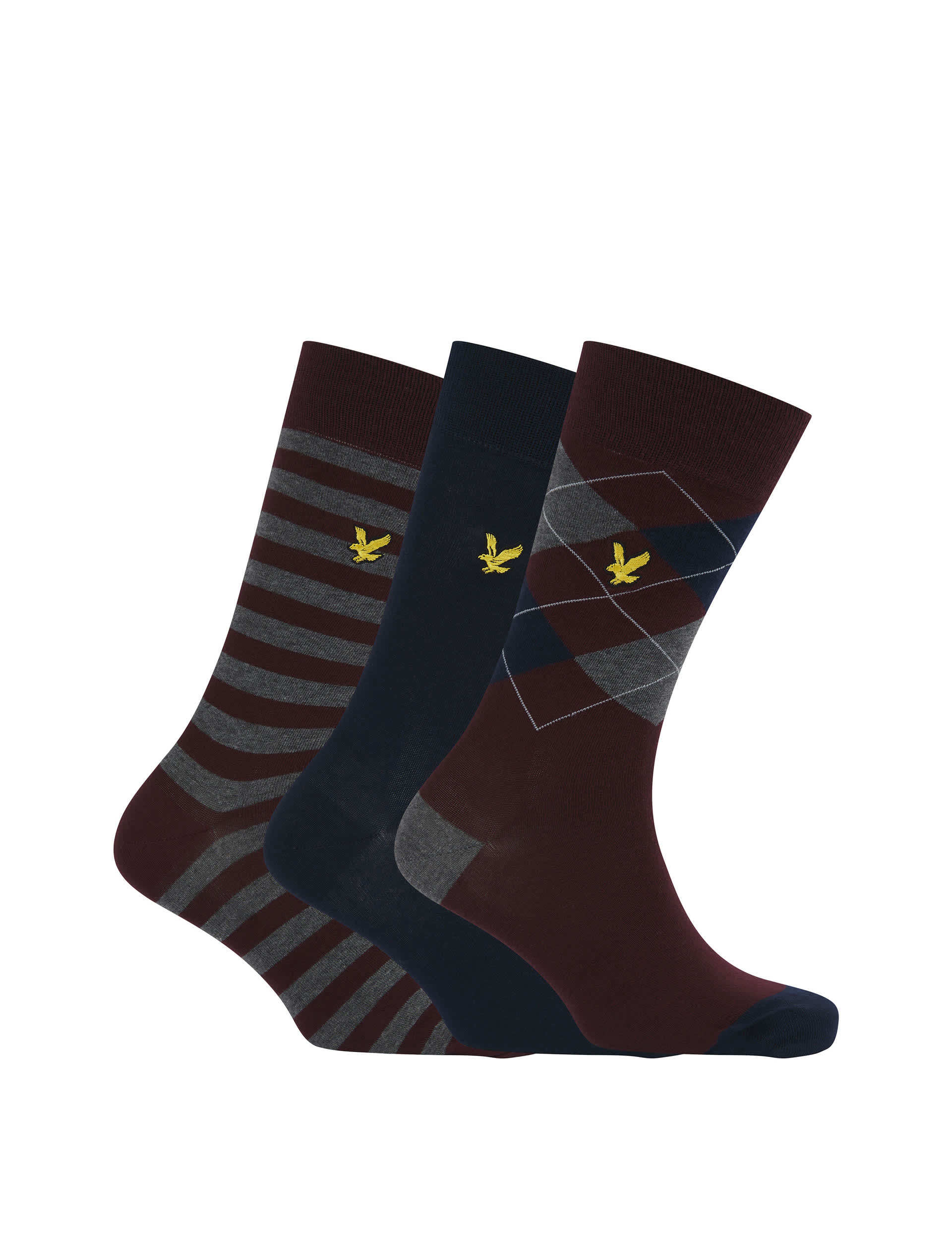 Lyle & Scott Men's 3pk Assorted Cotton Rich Socks - Burgundy, Burgundy