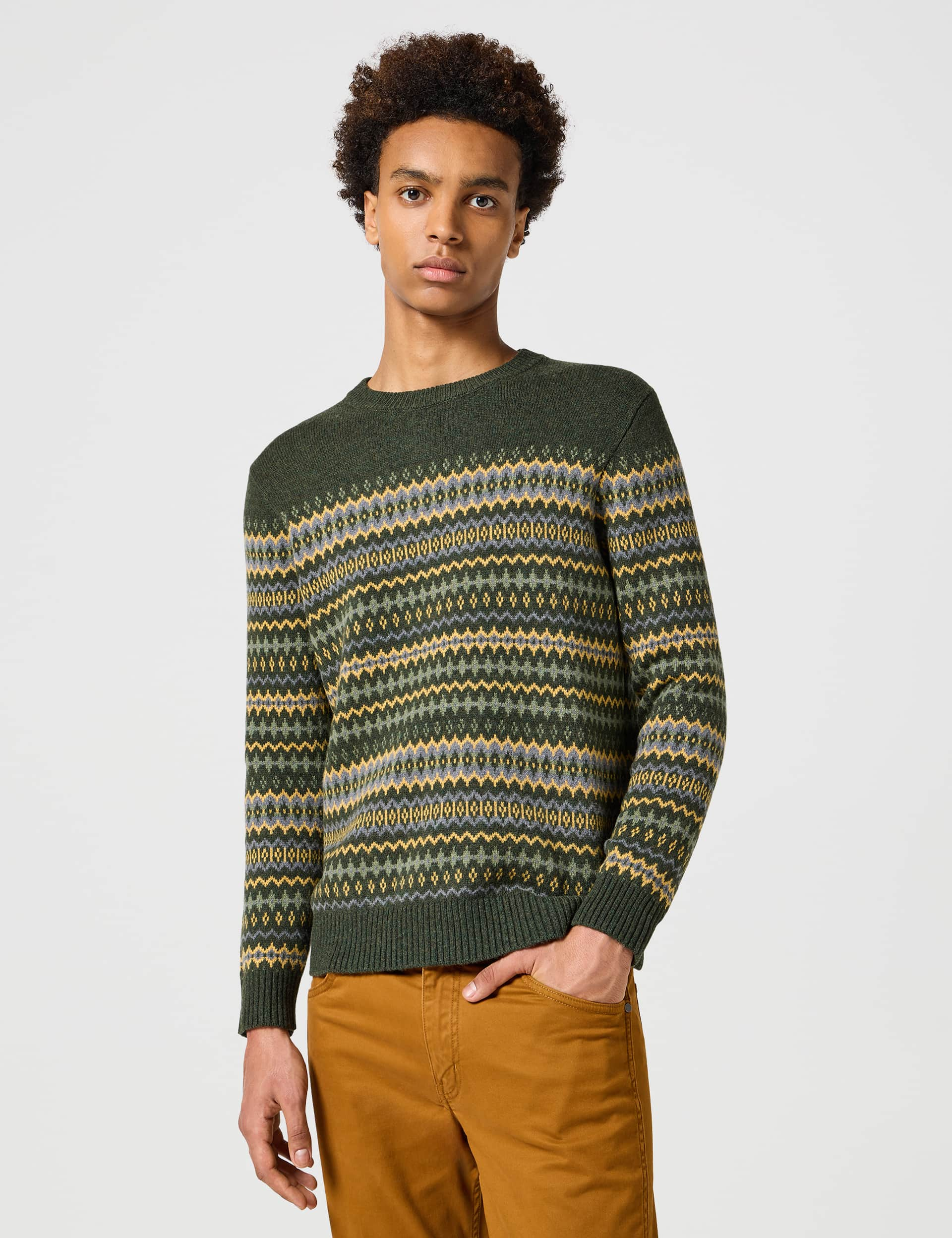 Wrangler Men's Wool Rich Fair Isle Long Sleeve Sweatshirt - Green Mix, Green Mix