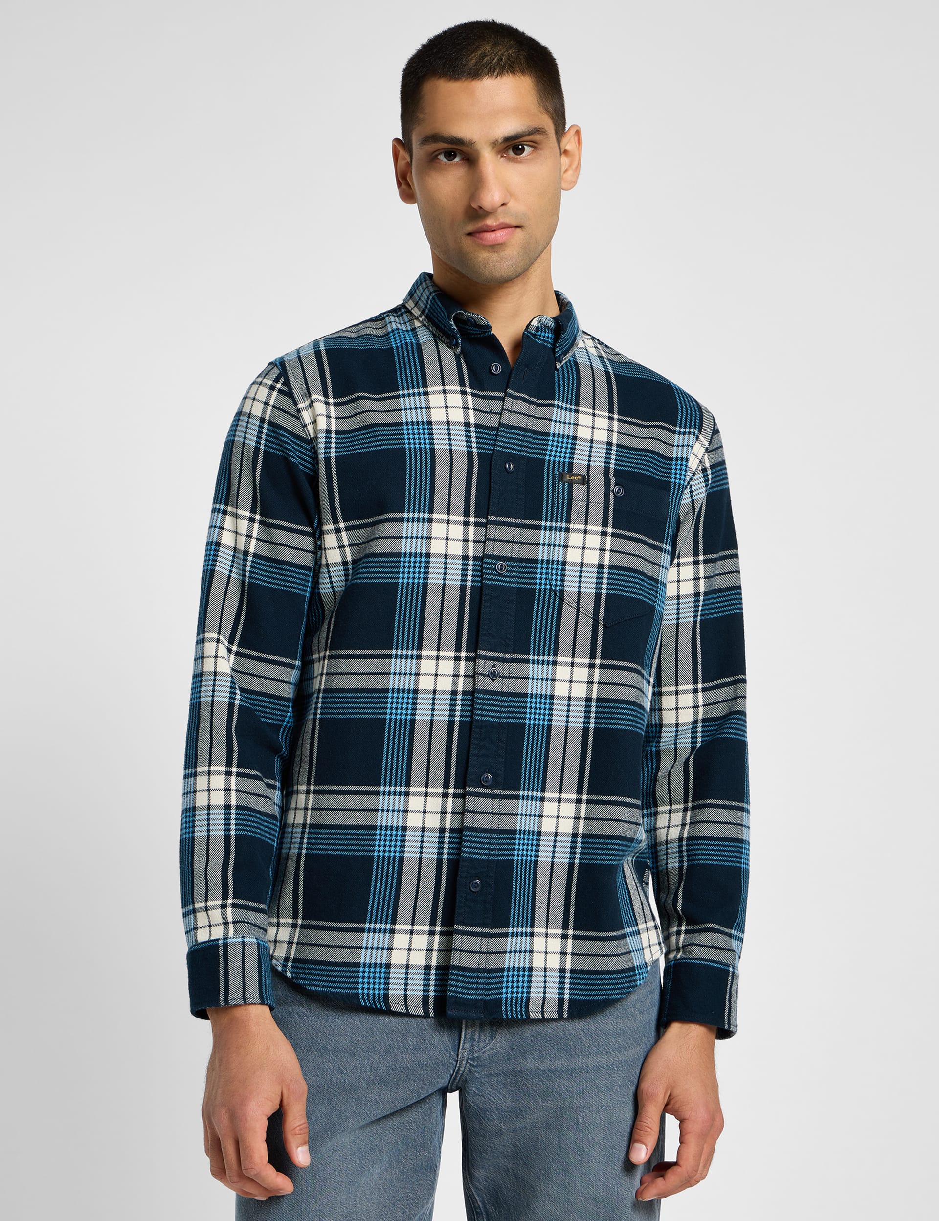 Lee Men's Pure Cotton Checked Flannel Shirt - M - Blue Mix, Blue Mix