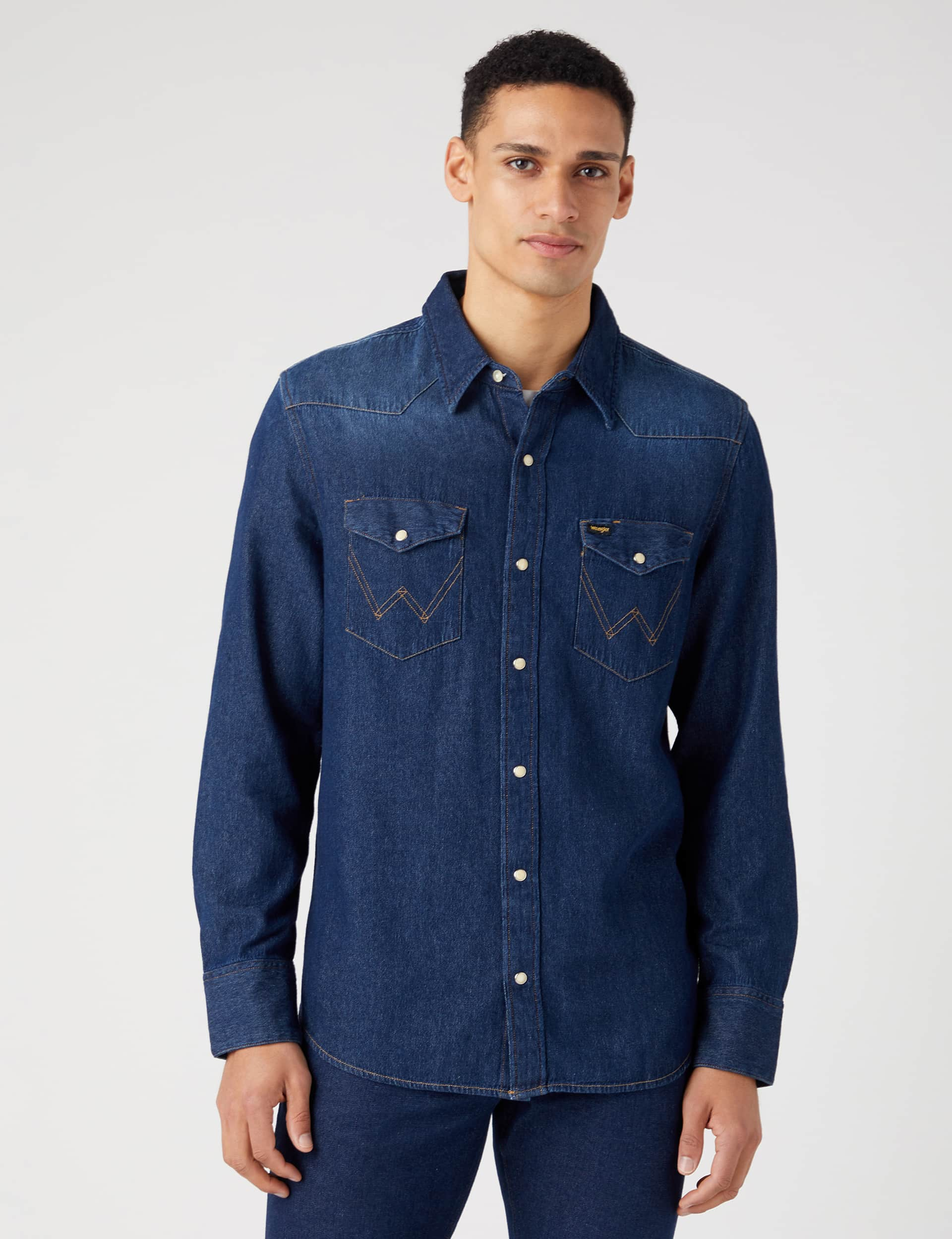 Wrangler Men's Denim Western Shirt - L - Blue Mix, Blue Mix