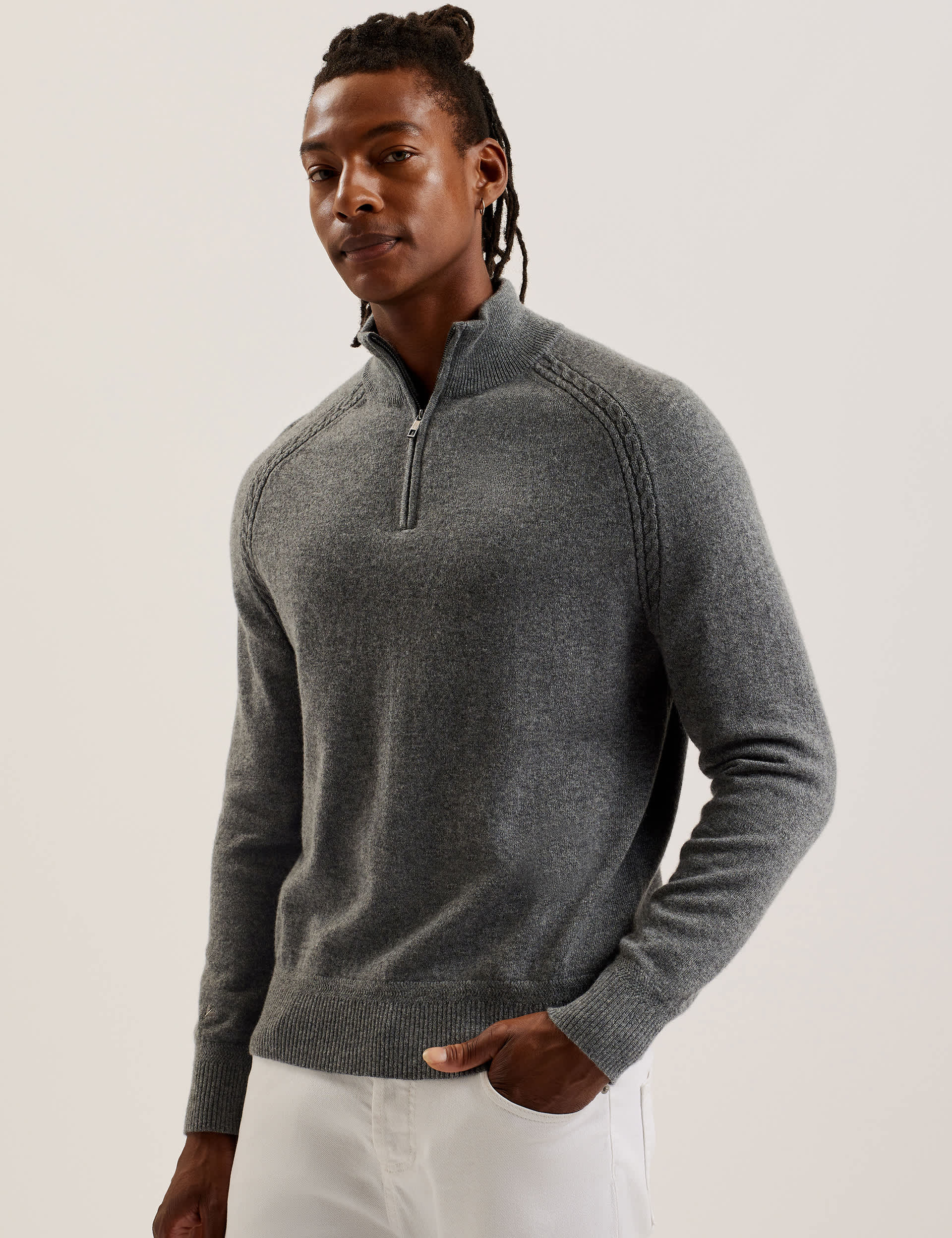 Ted Baker Men's Pure Cashmere Funnel Neck Half Zip Jumper - Grey, Grey