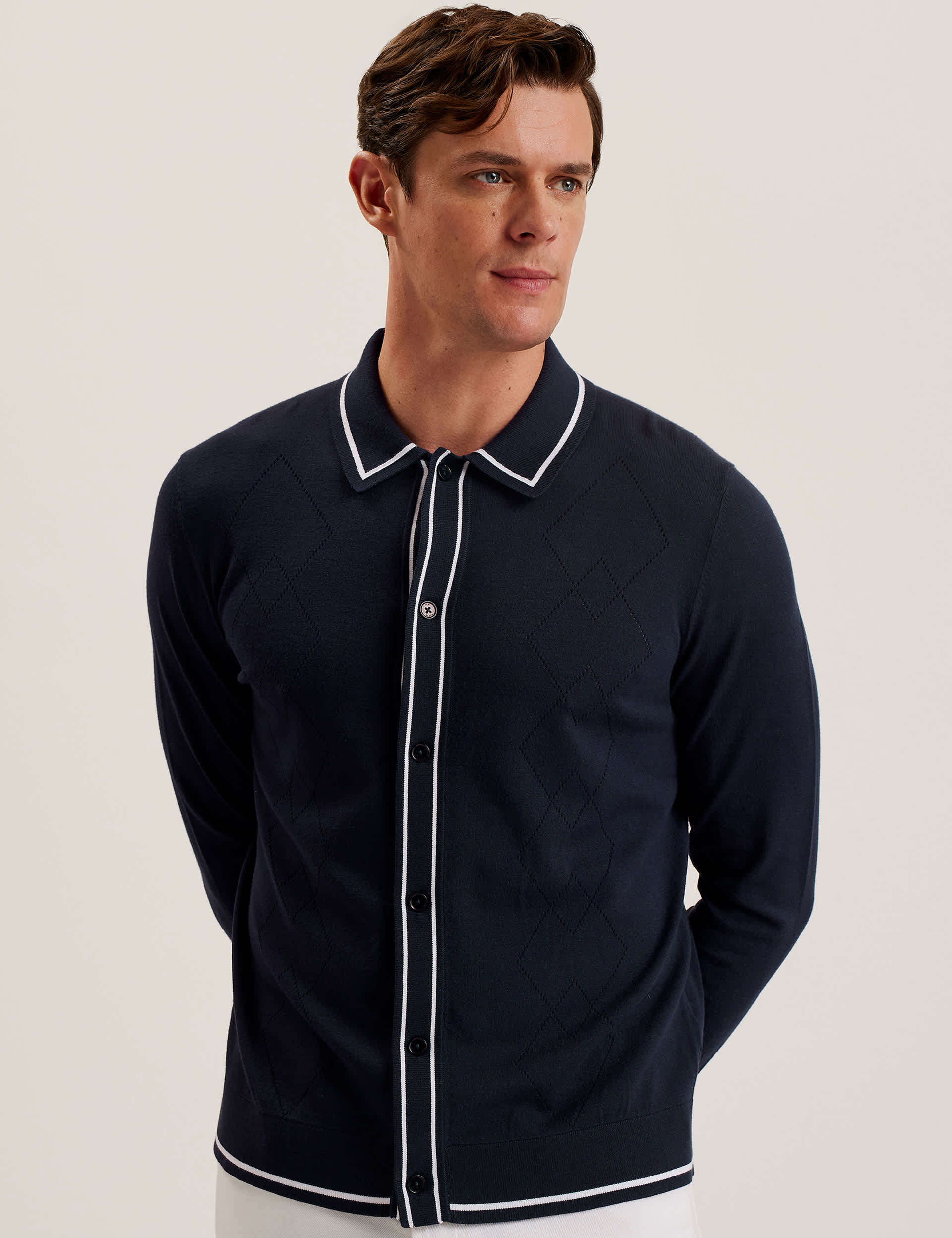 Ted Baker Men's Knitted Tipped Long Sleeve Polo Shirt - XL - Navy, Navy