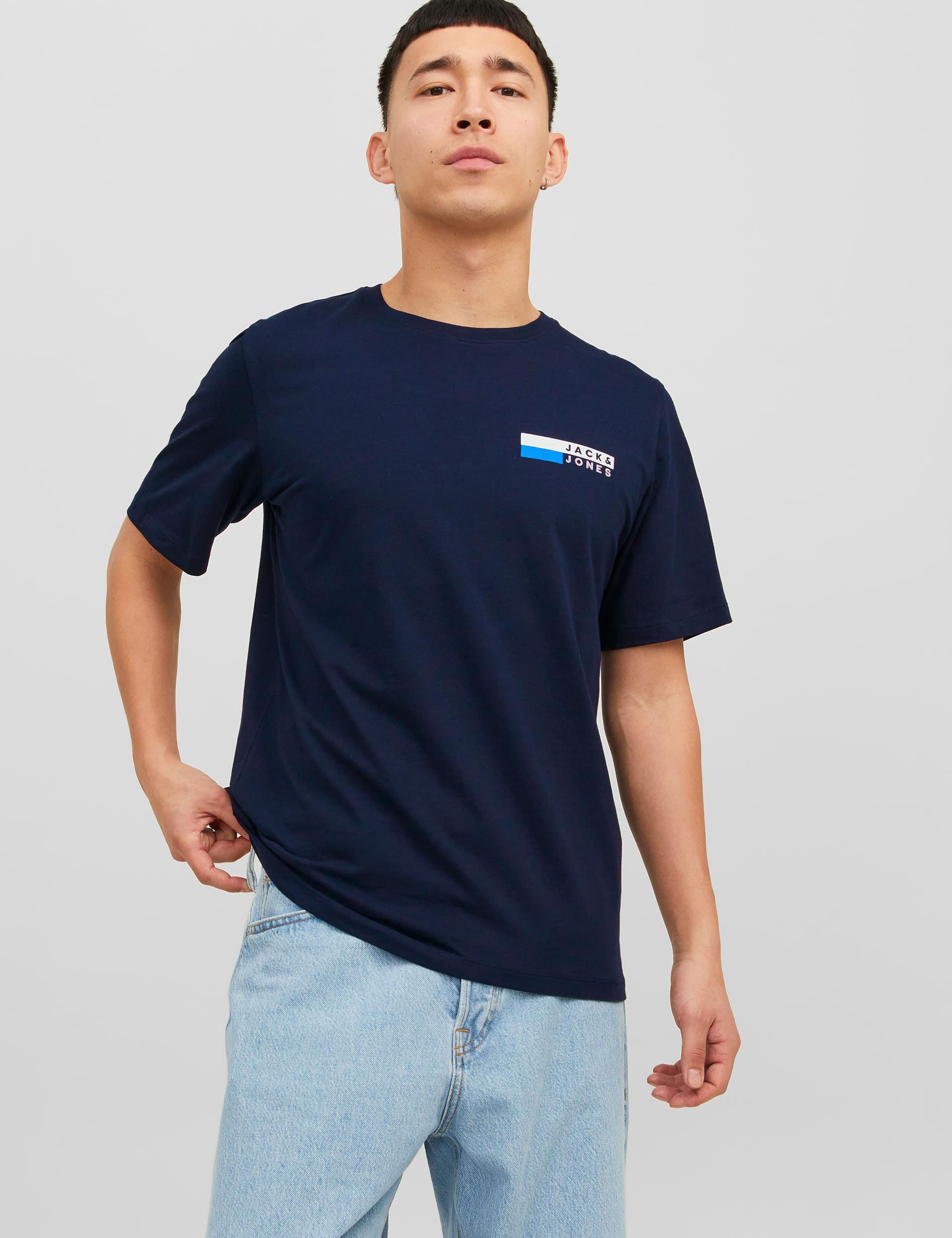 Jack & Jones Men's Organic Cotton Logo Print Crew Neck T-Shirt