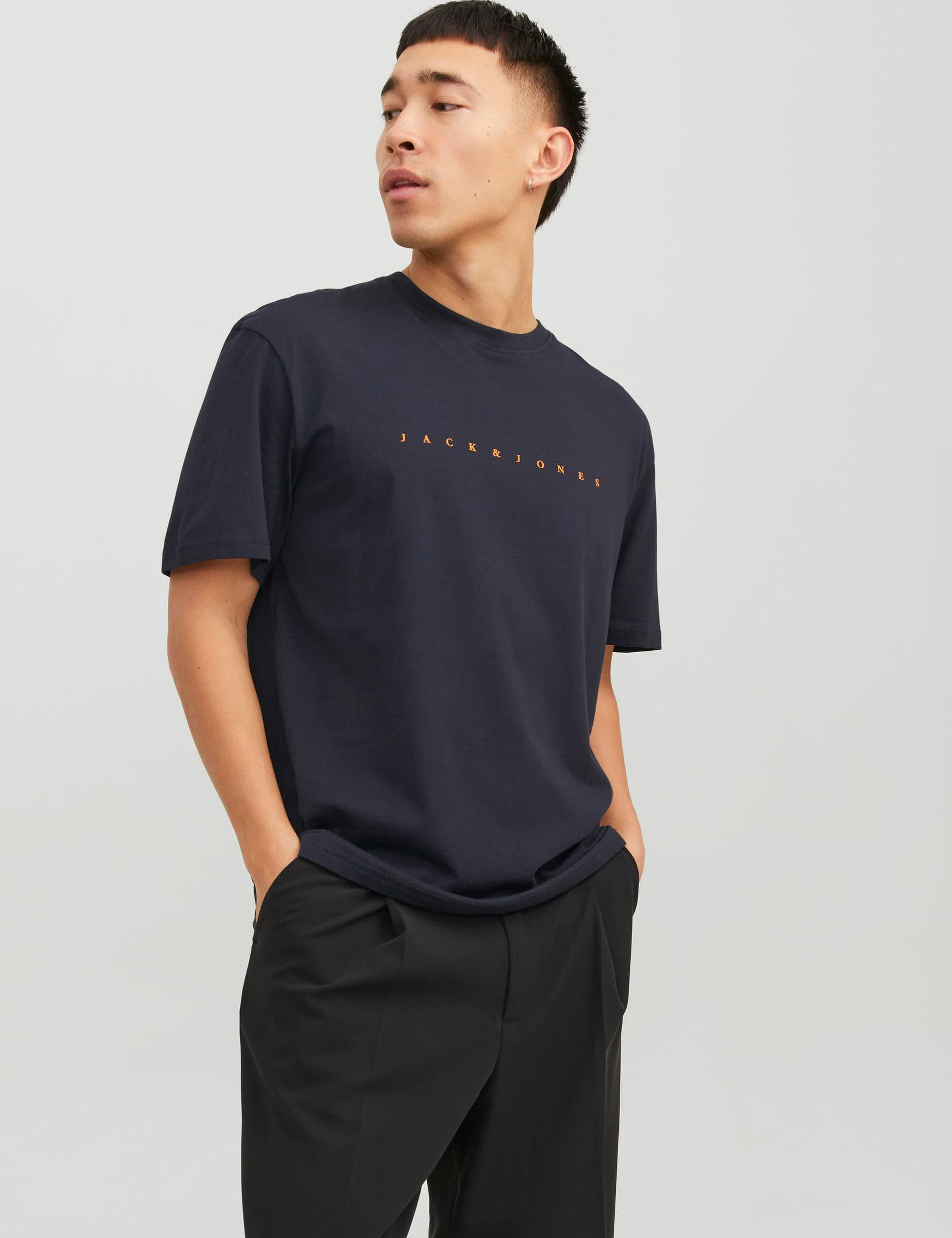 Jack & Jones Men's Relaxed Fit Pure Cotton Logo Print T-Shirt - Navy, White,Navy