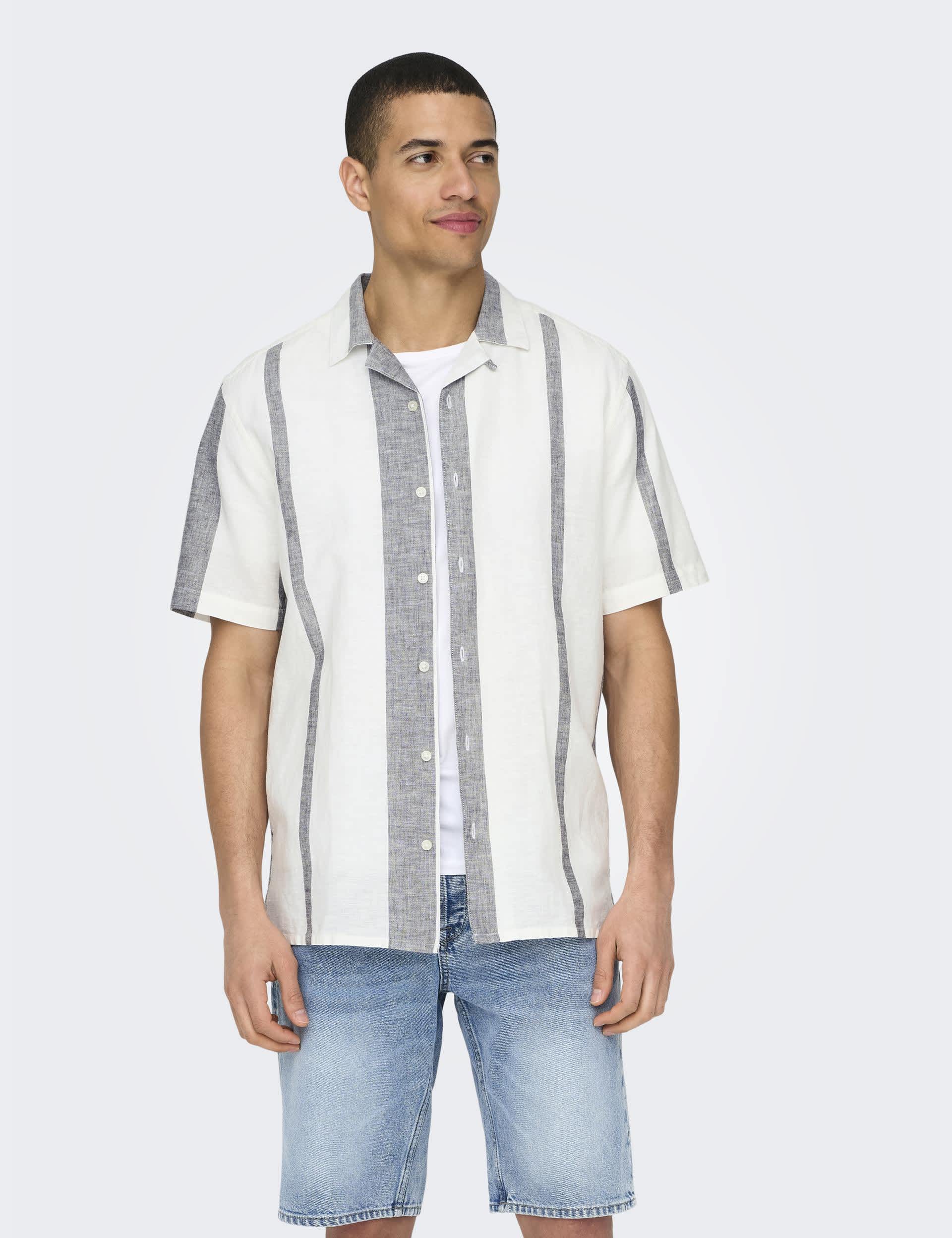 Only & Sons Men's Cotton Linen Blend Striped Shirt - M - White Mix, White Mix