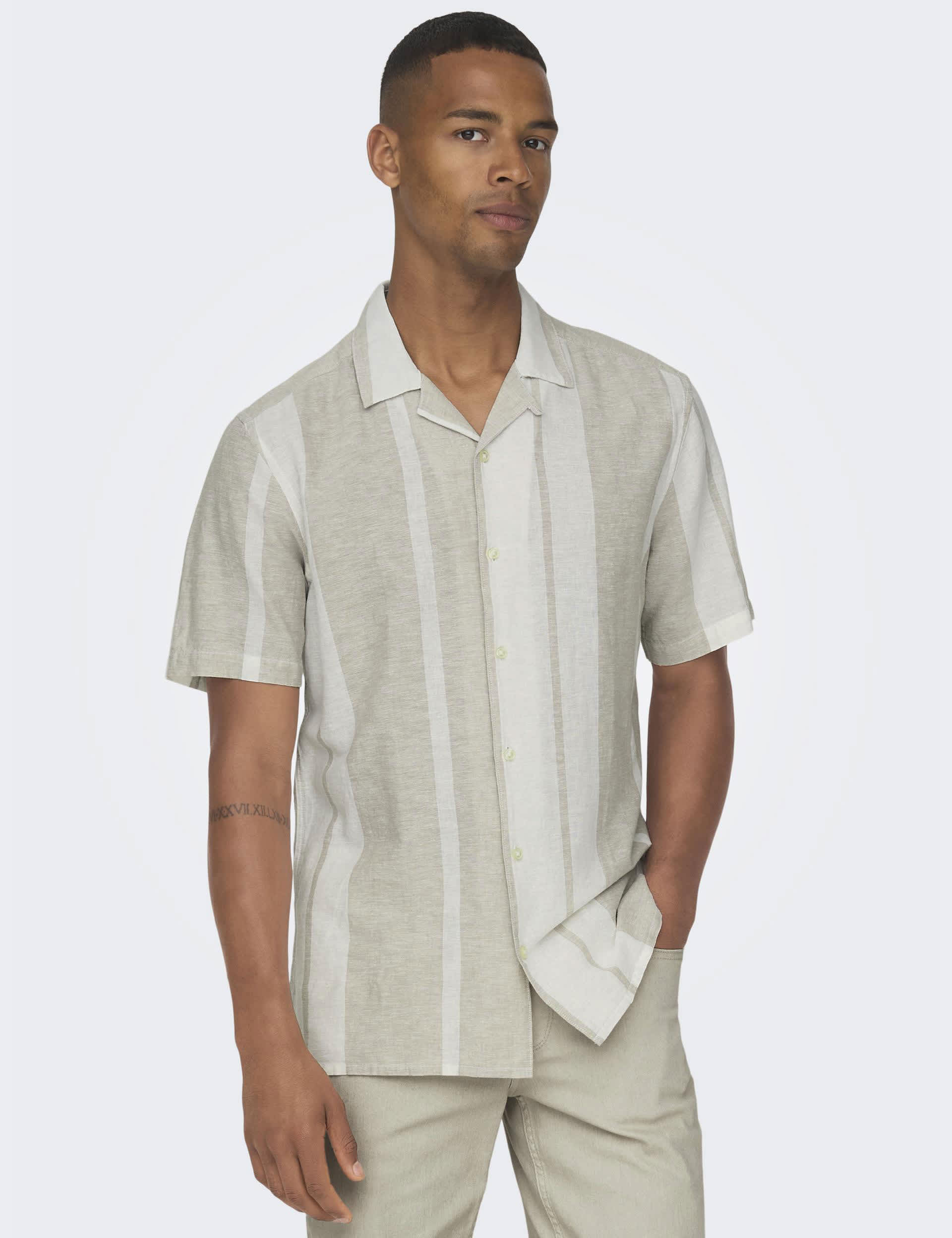 Only & Sons Men's Linen Rich Striped Shirt - M - Khaki Mix, Khaki Mix