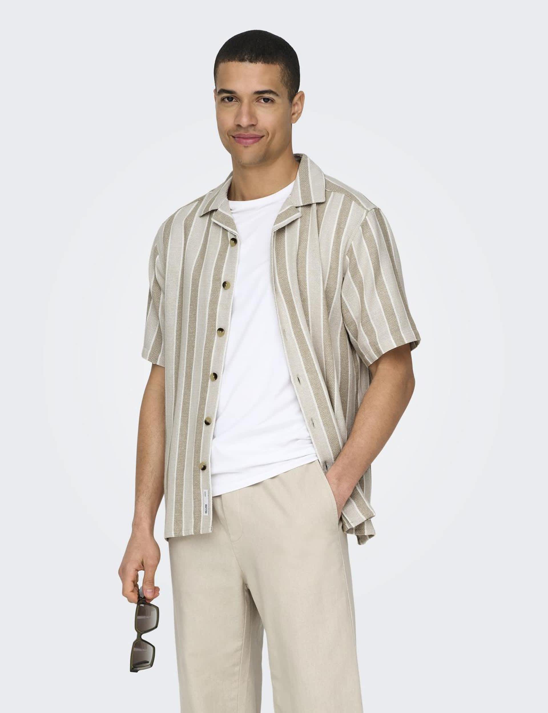 Only & Sons Men's Pure Cotton Striped Textured Shirt - L - Khaki Mix, Khaki Mix