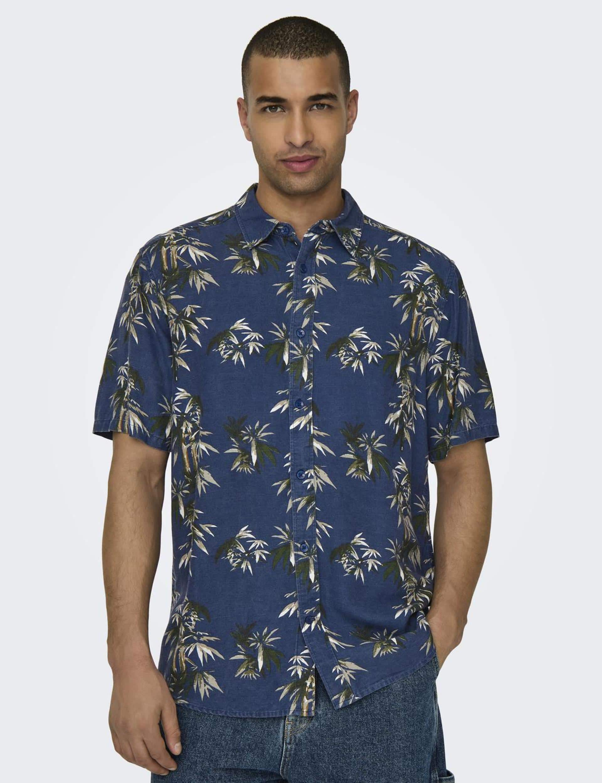 Only & Sons Men's Palm Print Shirt - Navy Mix, Navy Mix