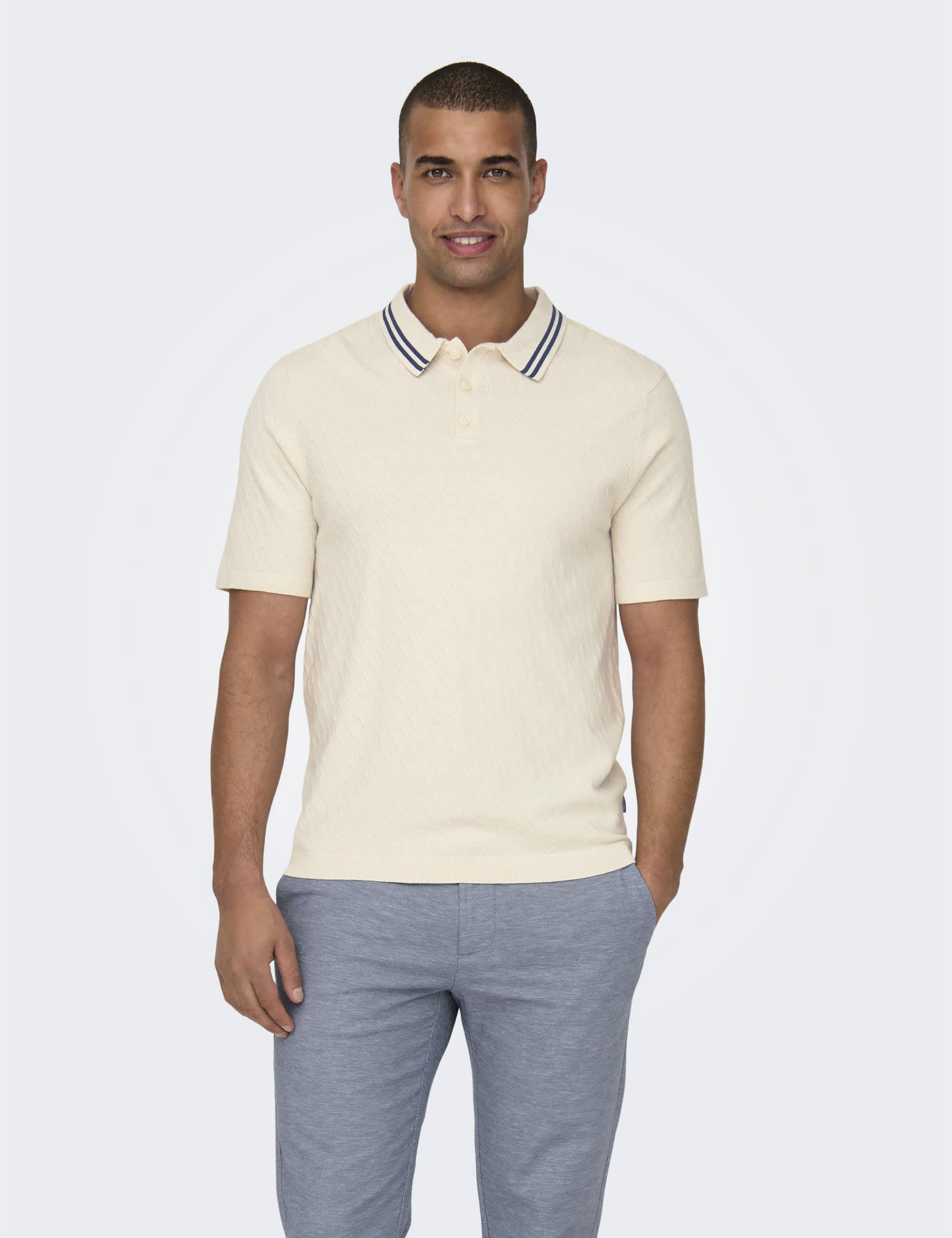 Only & Sons Men's Textured Polo Shirt - White, White,Blue