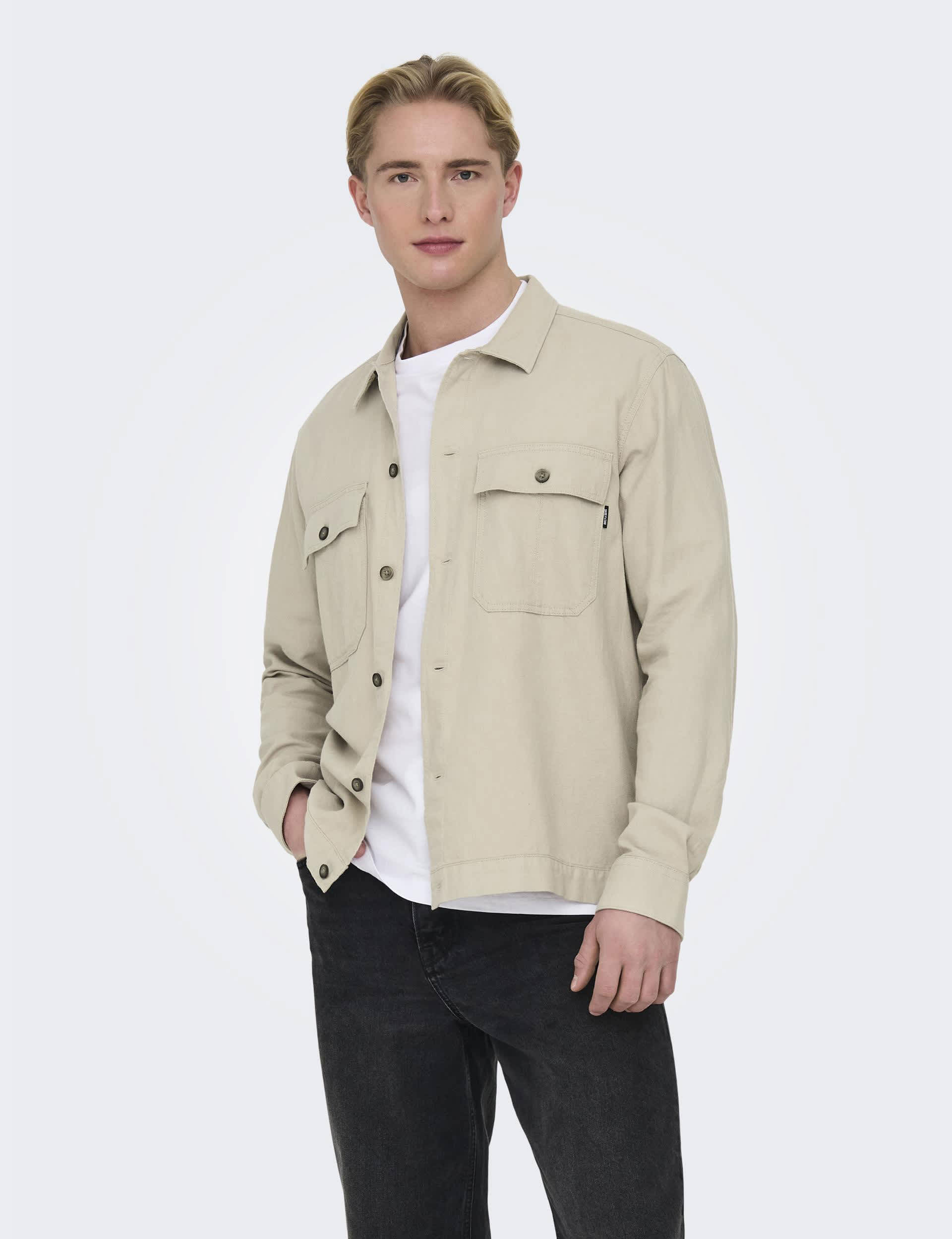 Only & Sons Men's Cotton Linen Blend Overshirt - Beige, Beige