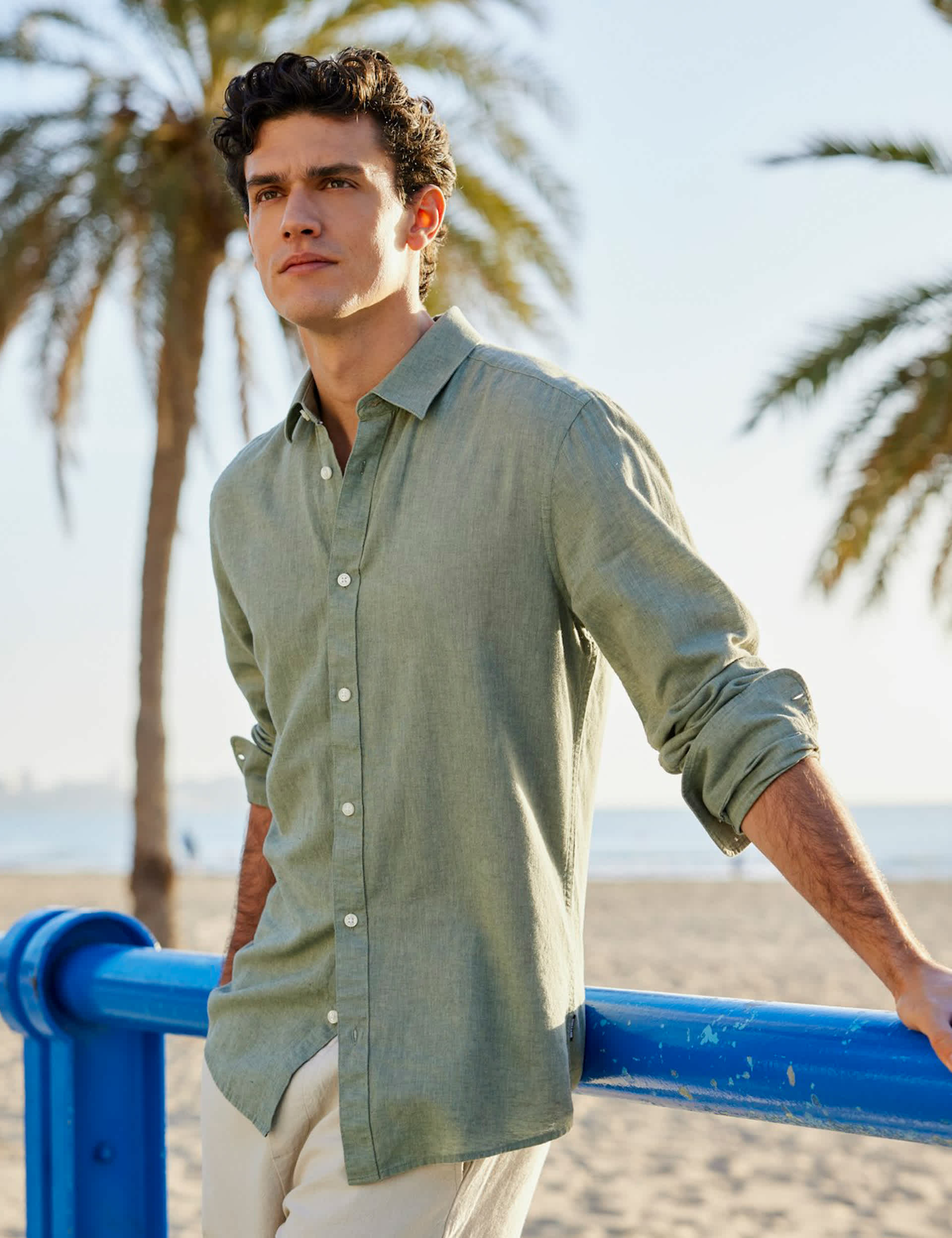 Only & Sons Men's Cotton Linen Blend Slim Fit Shirt - XL - Green, Beige,White,Blue,Green