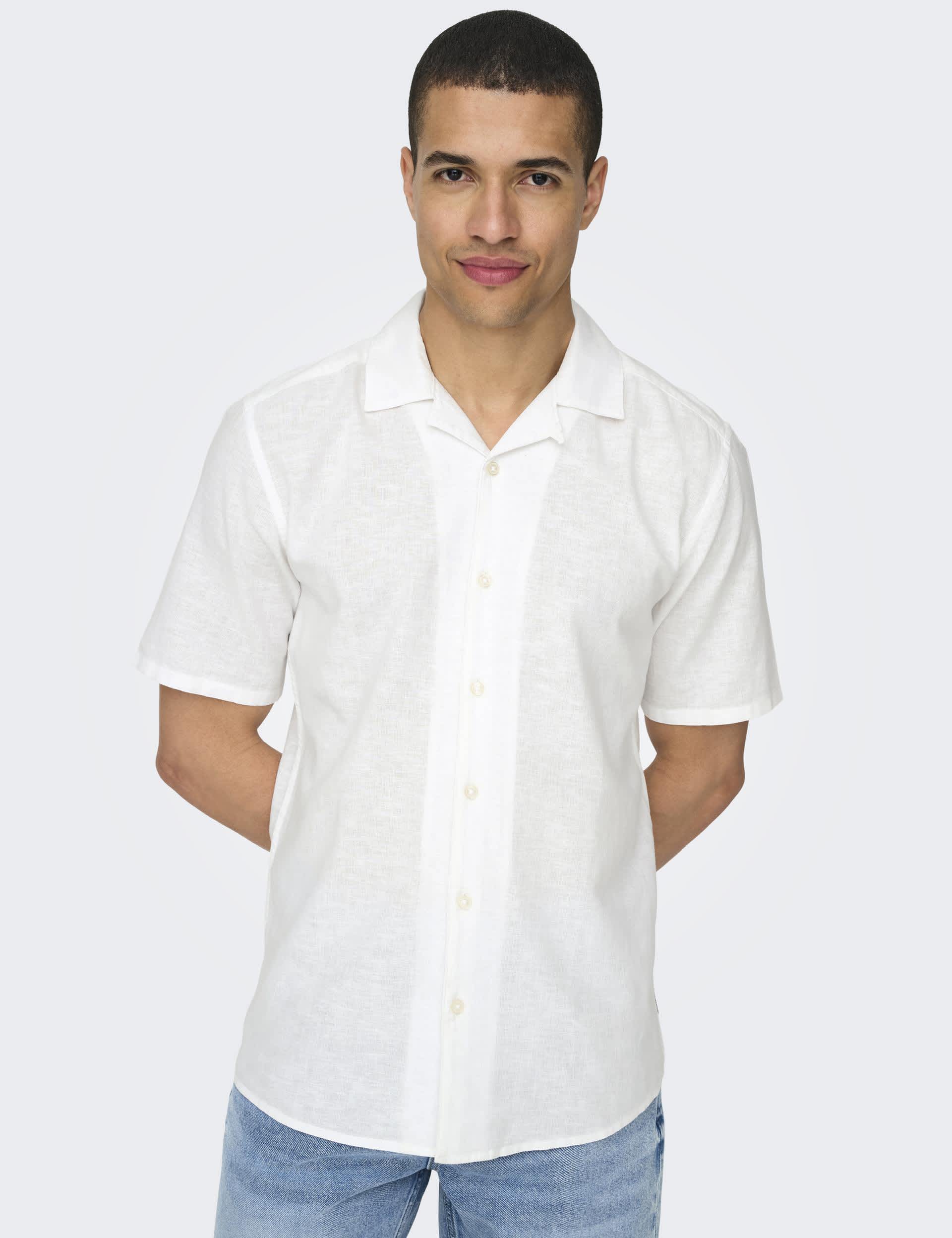 Only & Sons Men's Cotton Linen Blend Shirt - White, White,Navy